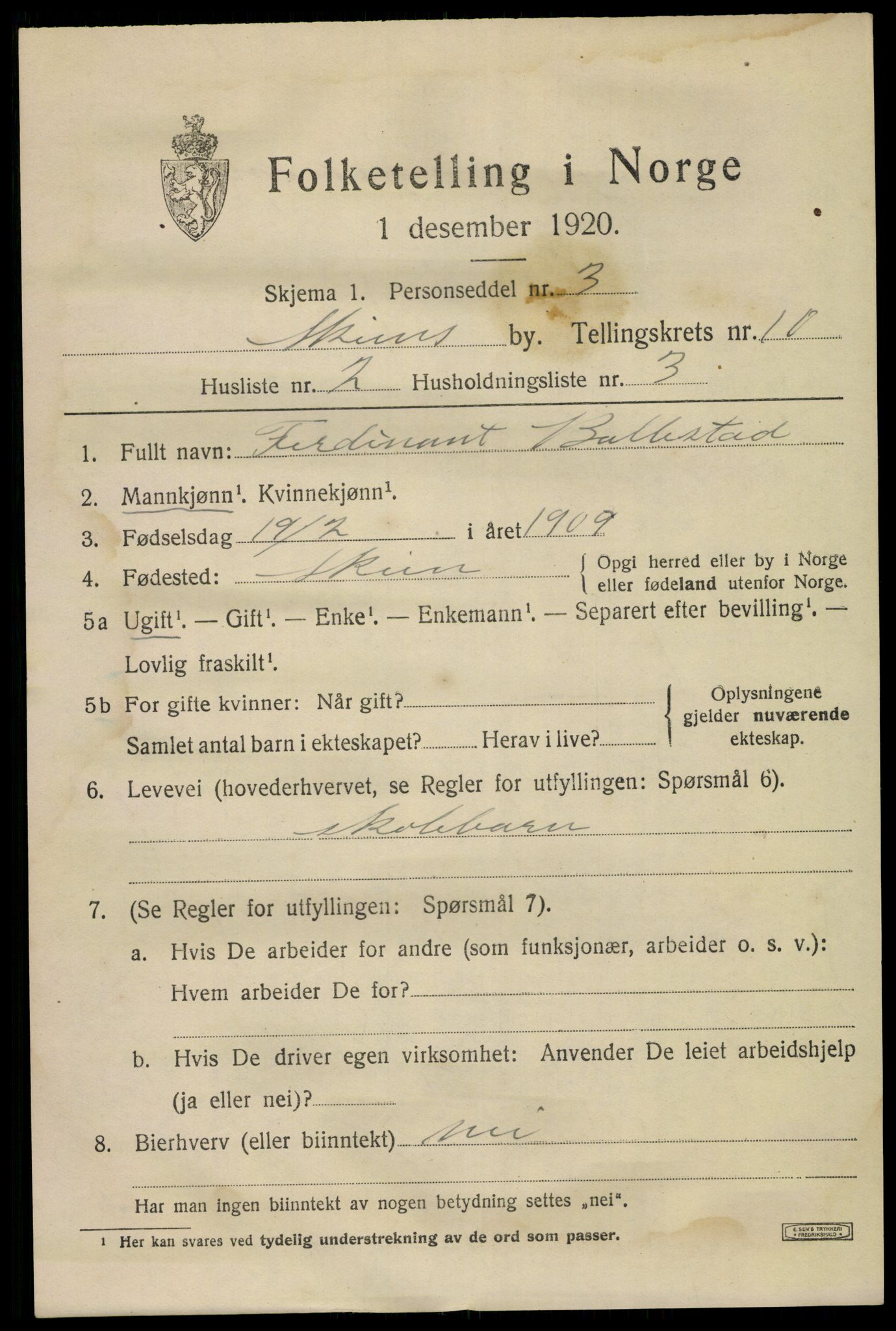 SAKO, 1920 census for Skien, 1920, p. 32230