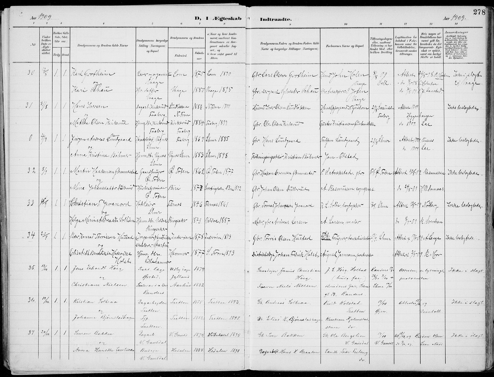 Lillehammer prestekontor, AV/SAH-PREST-088/H/Ha/Haa/L0001: Parish register (official) no. 1, 1901-1916, p. 278