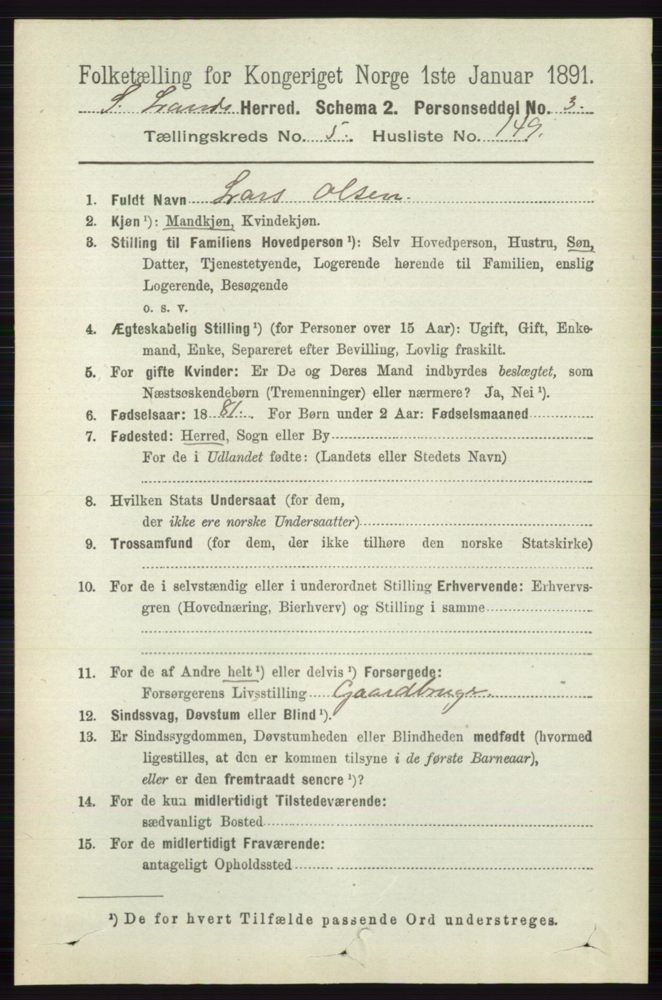 RA, 1891 census for 0536 Søndre Land, 1891, p. 5804
