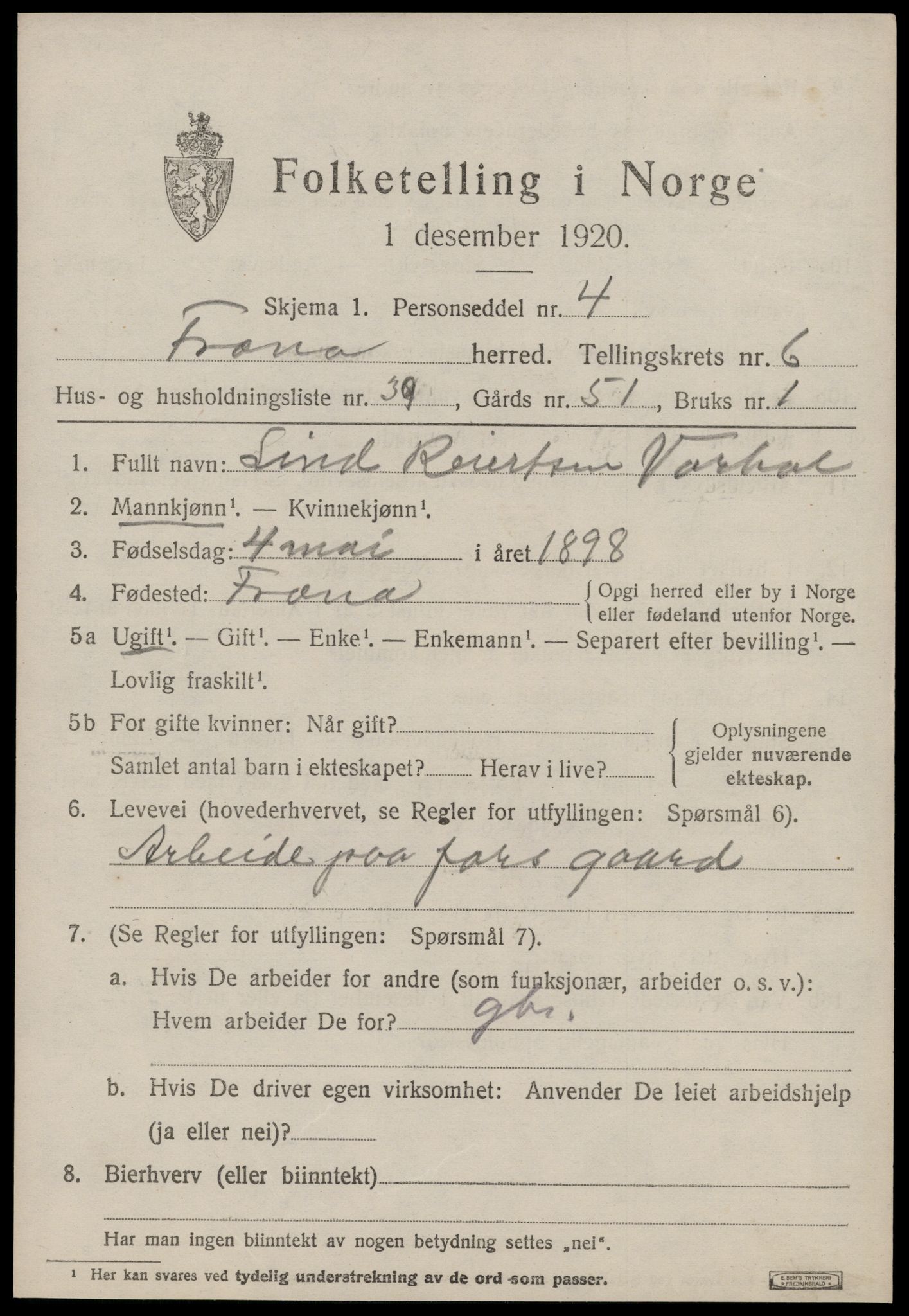 SAT, 1920 census for Fræna, 1920, p. 4515
