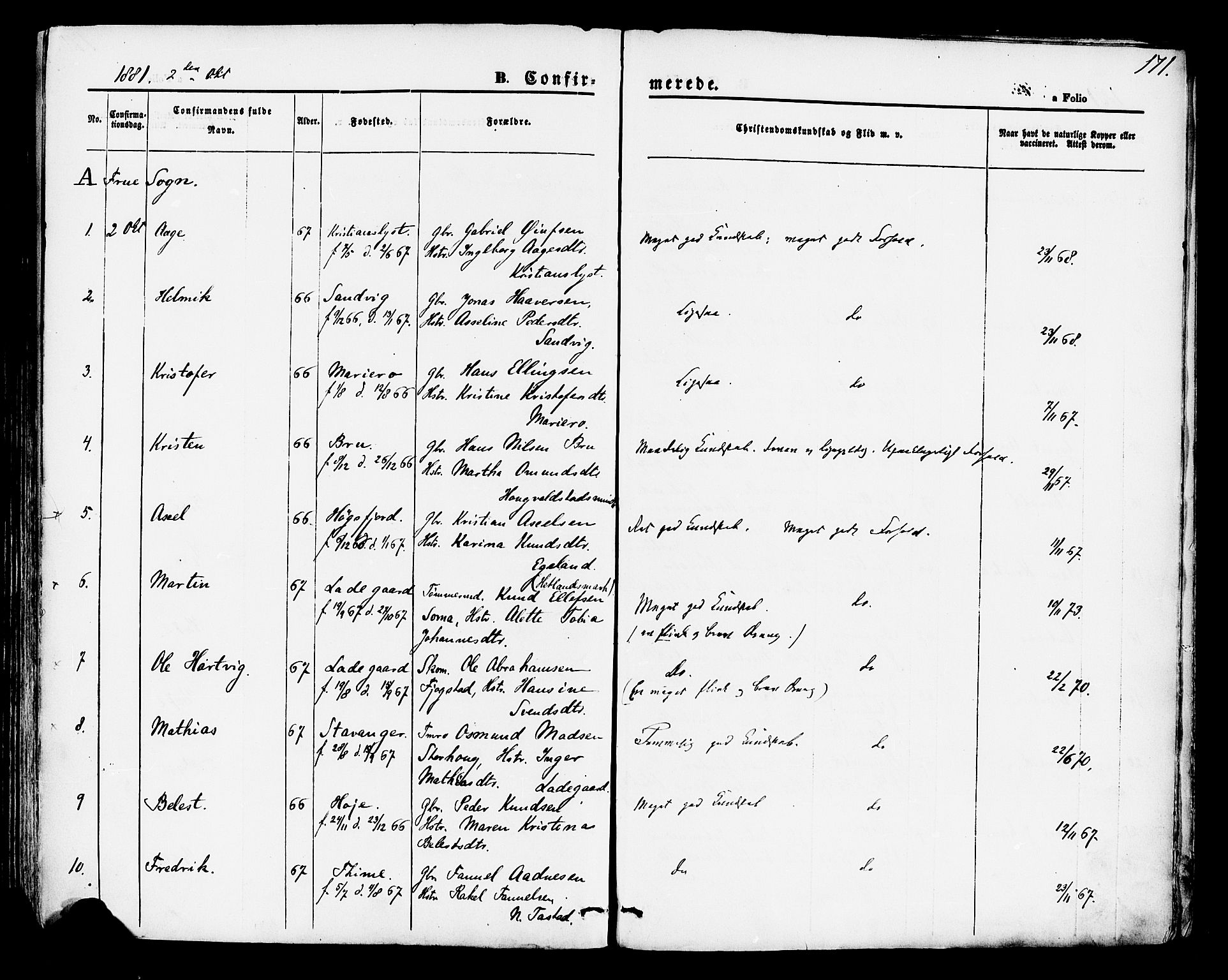 Hetland sokneprestkontor, SAST/A-101826/30/30BA/L0004: Parish register (official) no. A 4, 1862-1881, p. 171