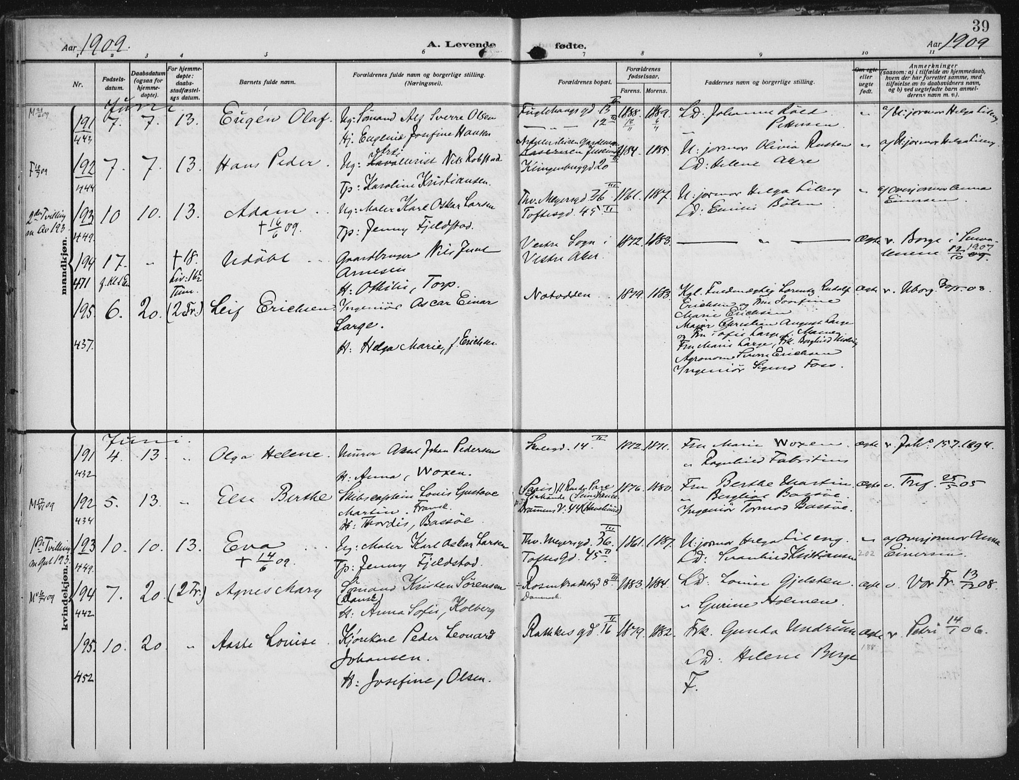 Rikshospitalet prestekontor Kirkebøker, AV/SAO-A-10309b/F/L0014: Parish register (official) no. 14, 1909-1912, p. 39