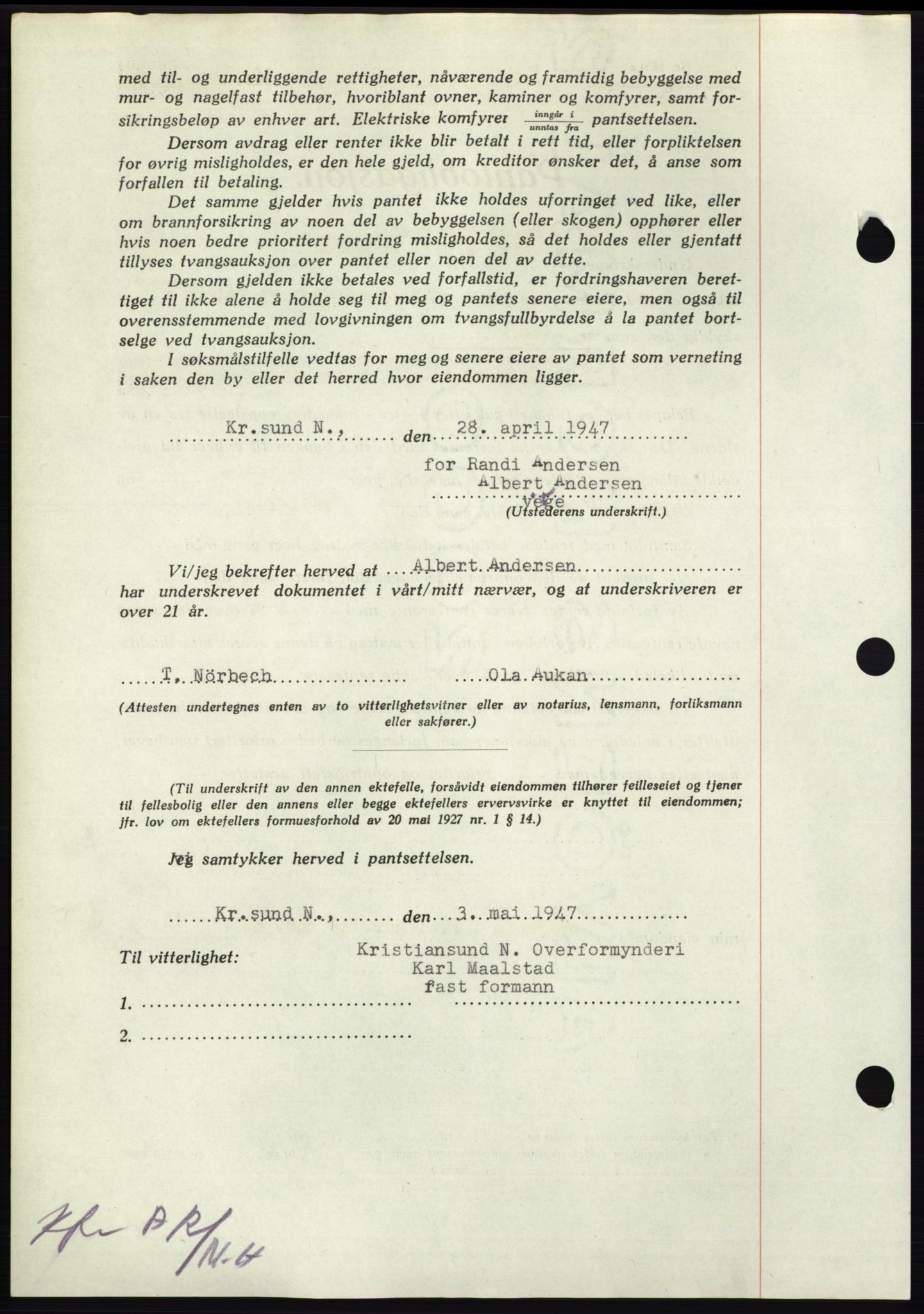 Nordmøre sorenskriveri, AV/SAT-A-4132/1/2/2Ca: Mortgage book no. B96, 1947-1947, Diary no: : 1009/1947