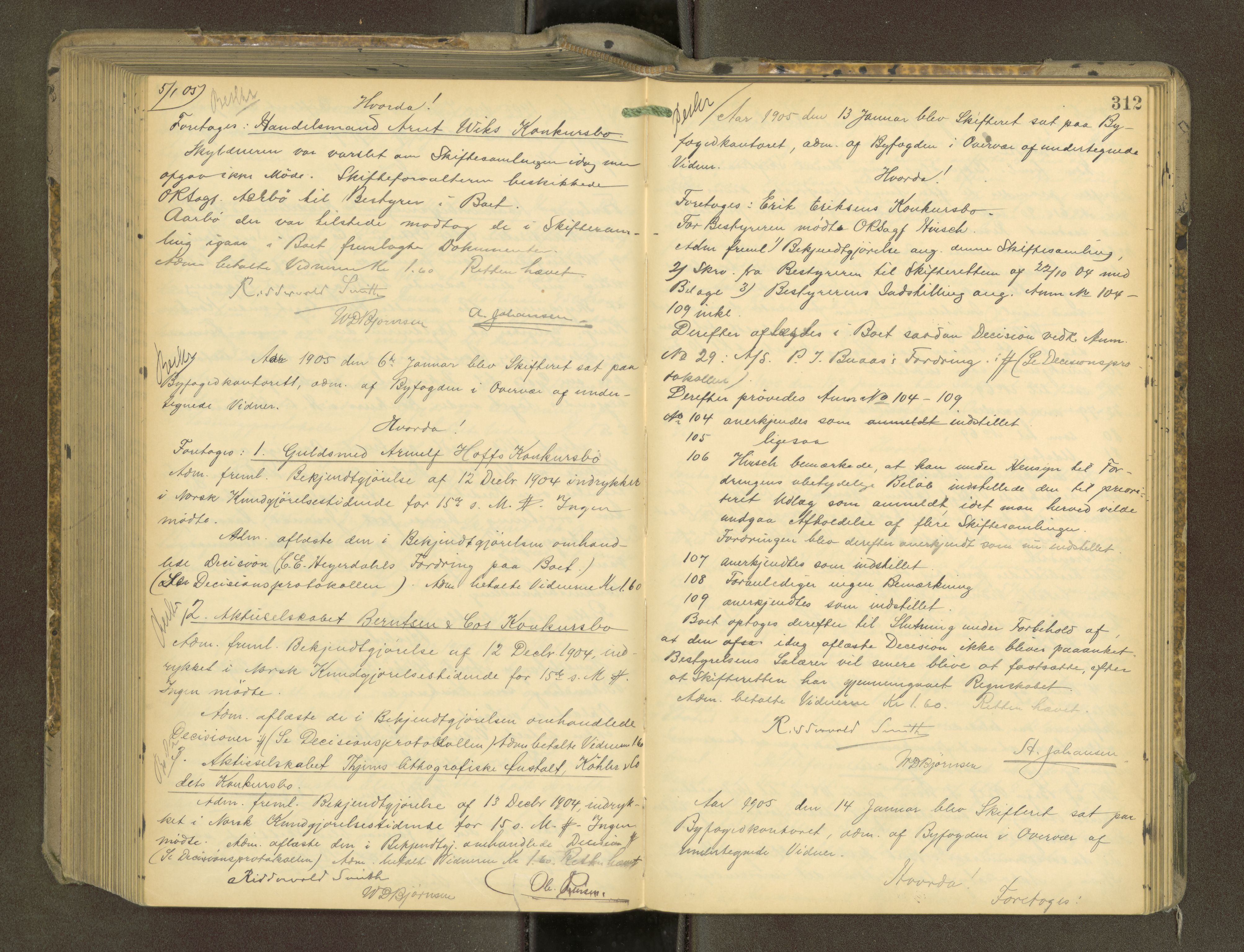 Trondheim byfogd, AV/SAT-A-0003/1/3/3B/L0014: Skiftebehandlingsprotokoll - 10/6-2/8. (u/ register) U, 1902-1905, p. 312