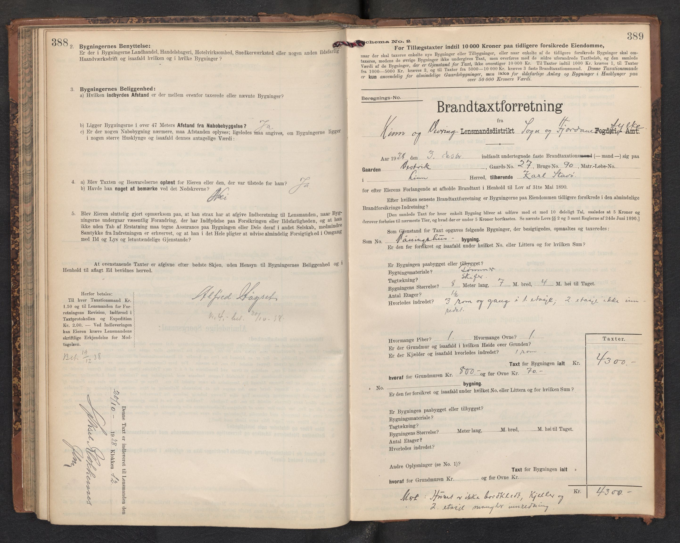 Lensmannen i Kinn, AV/SAB-A-28801/0012/L0005: Branntakstprotokoll, skjematakst, 1903-1938, p. 388-389