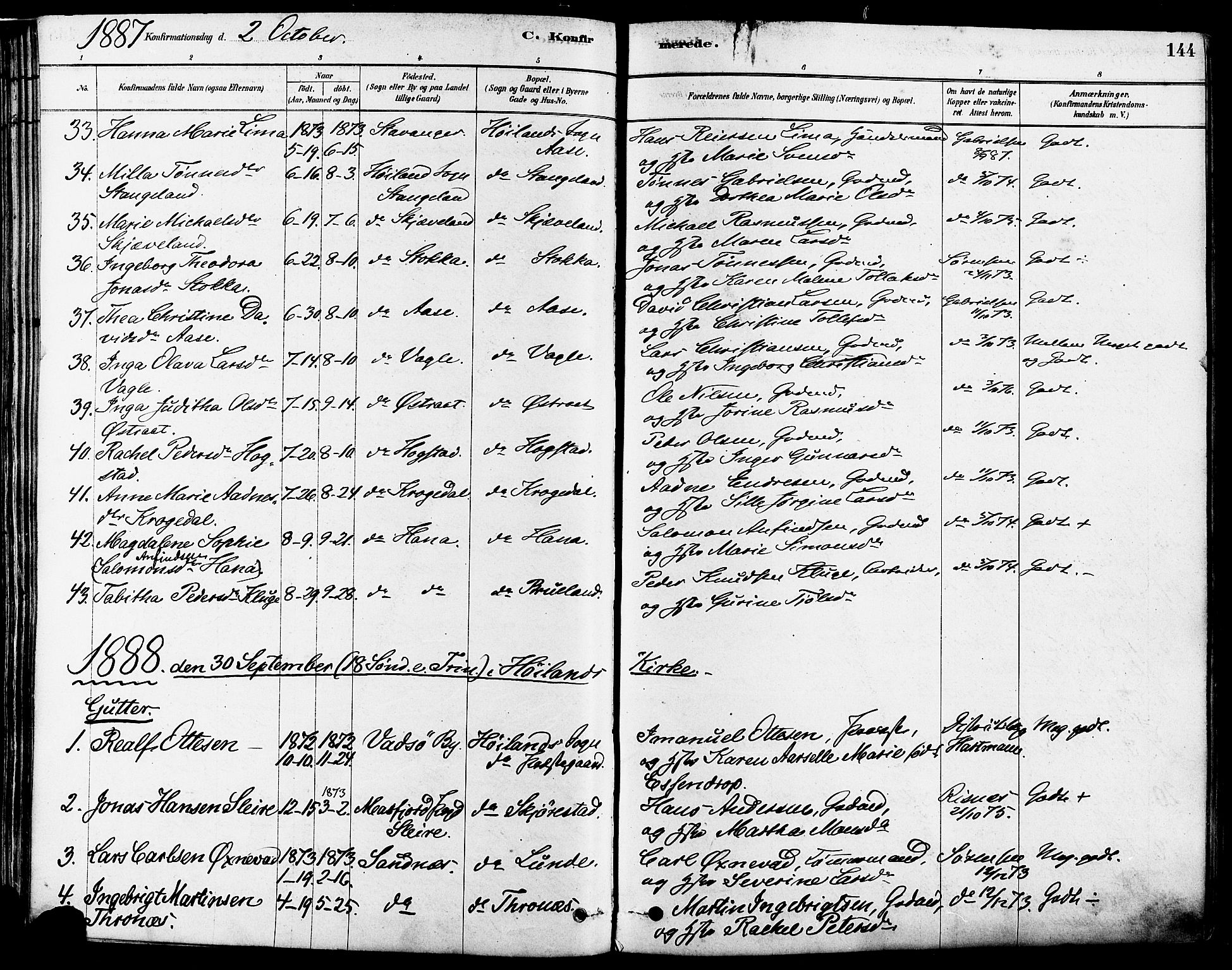 Høyland sokneprestkontor, SAST/A-101799/001/30BA/L0011: Parish register (official) no. A 10, 1878-1888, p. 144