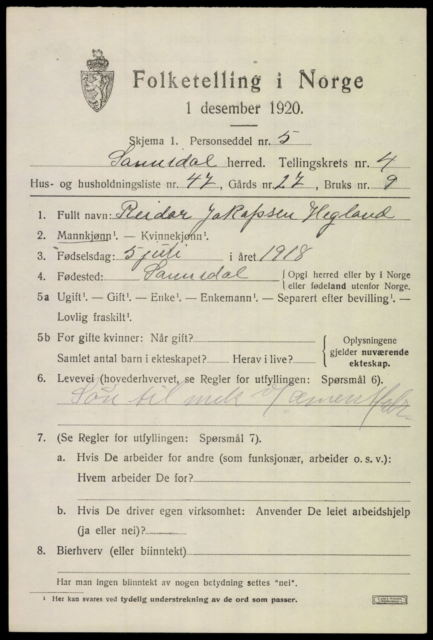 SAKO, 1920 census for Sannidal, 1920, p. 4055