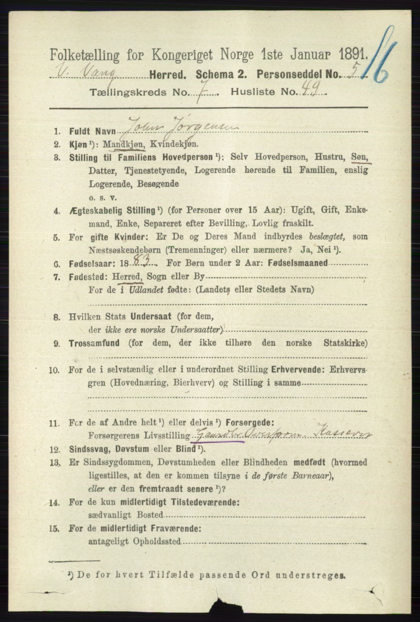 RA, 1891 census for 0545 Vang, 1891, p. 1713