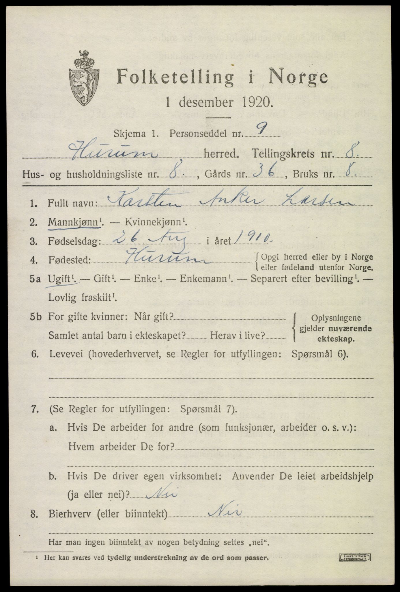 SAKO, 1920 census for Hurum, 1920, p. 10376