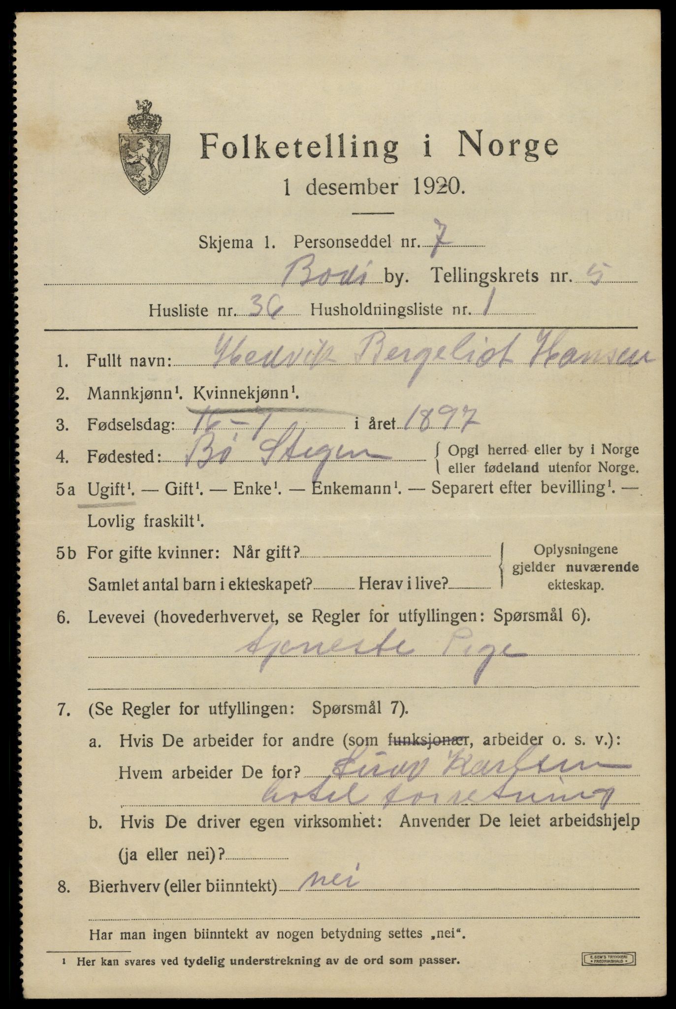 SAT, 1920 census for Bodø, 1920, p. 9297