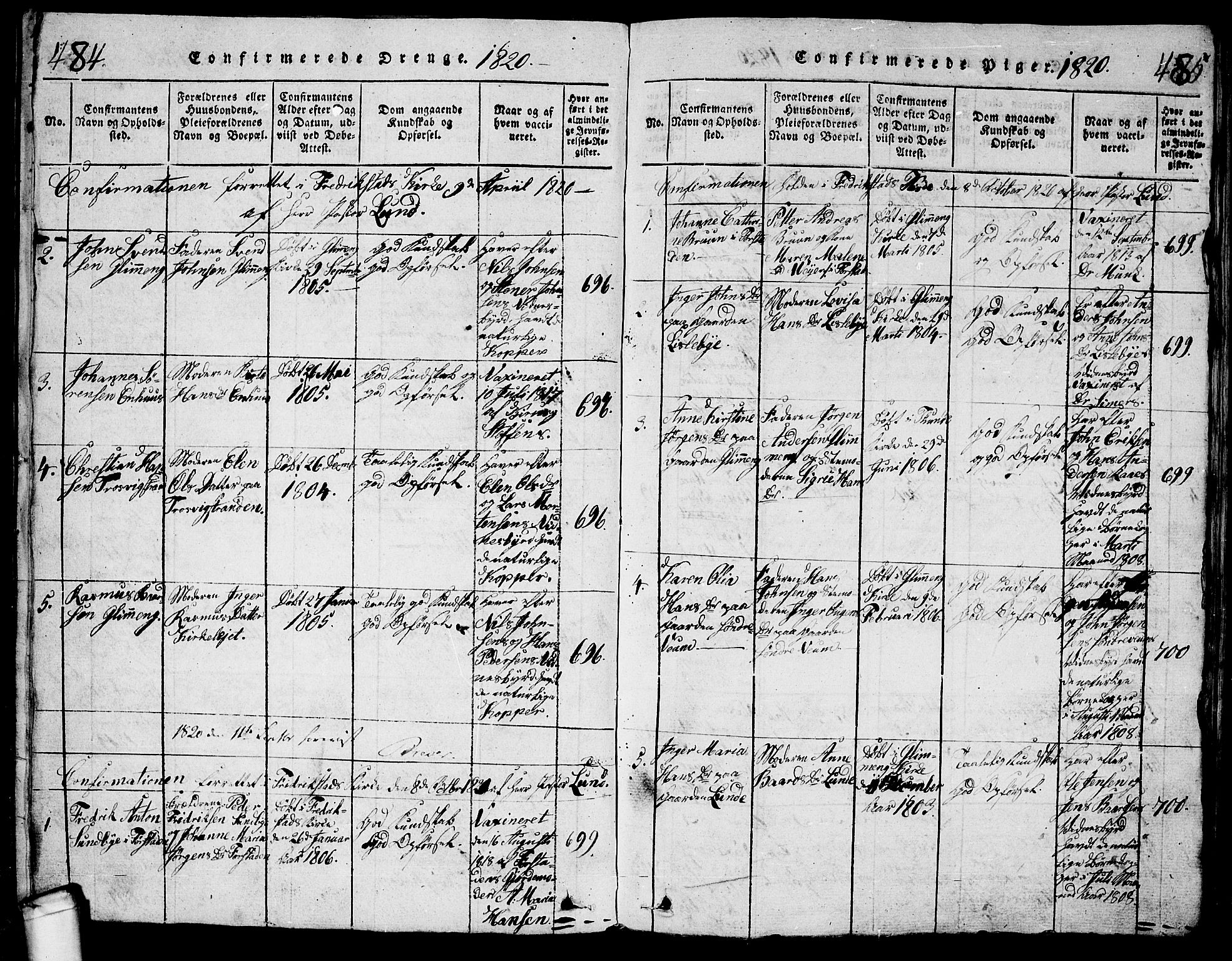 Glemmen prestekontor Kirkebøker, AV/SAO-A-10908/G/Ga/L0001: Parish register (copy) no. 1, 1816-1838, p. 484-485