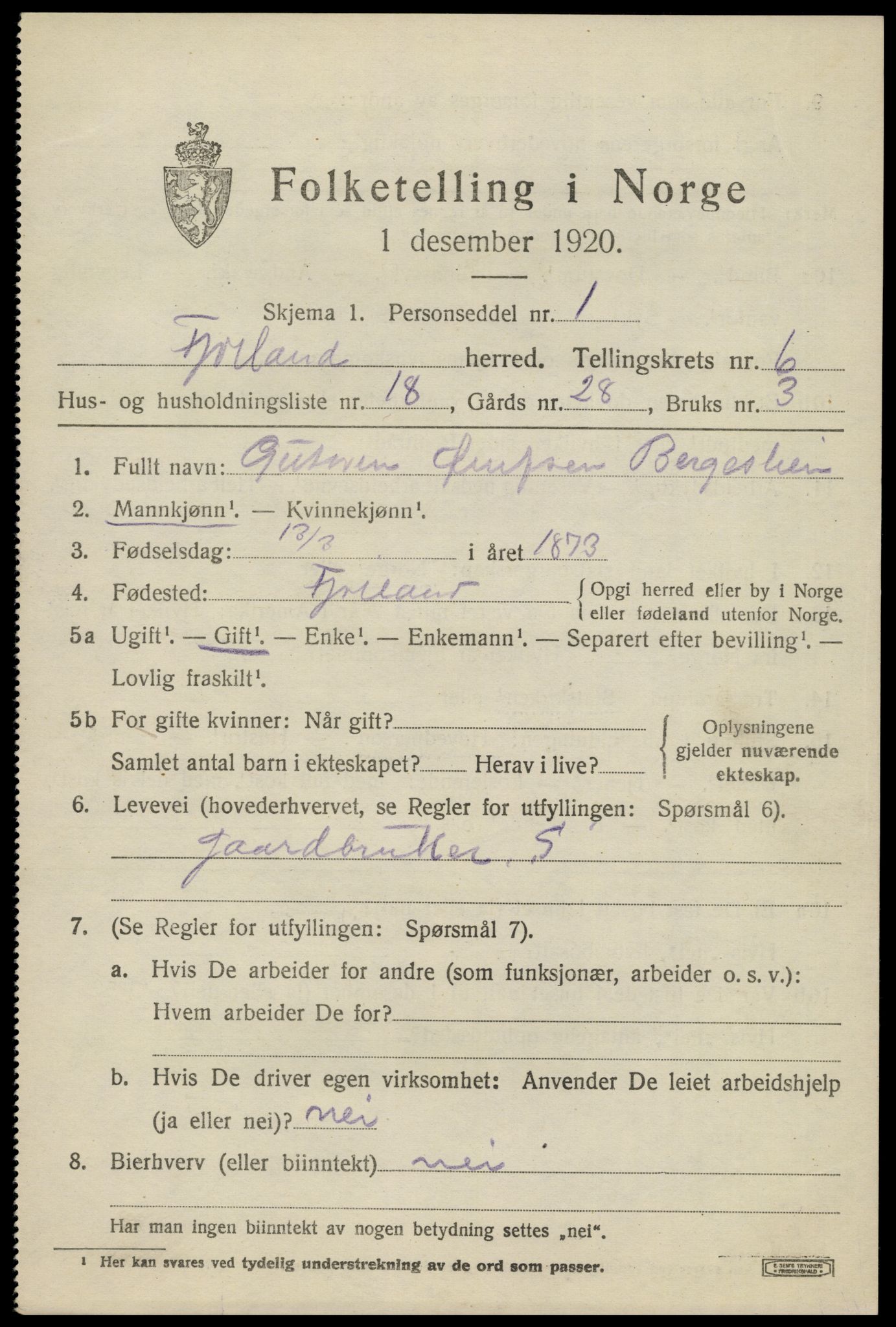 SAK, 1920 census for Fjotland, 1920, p. 1808