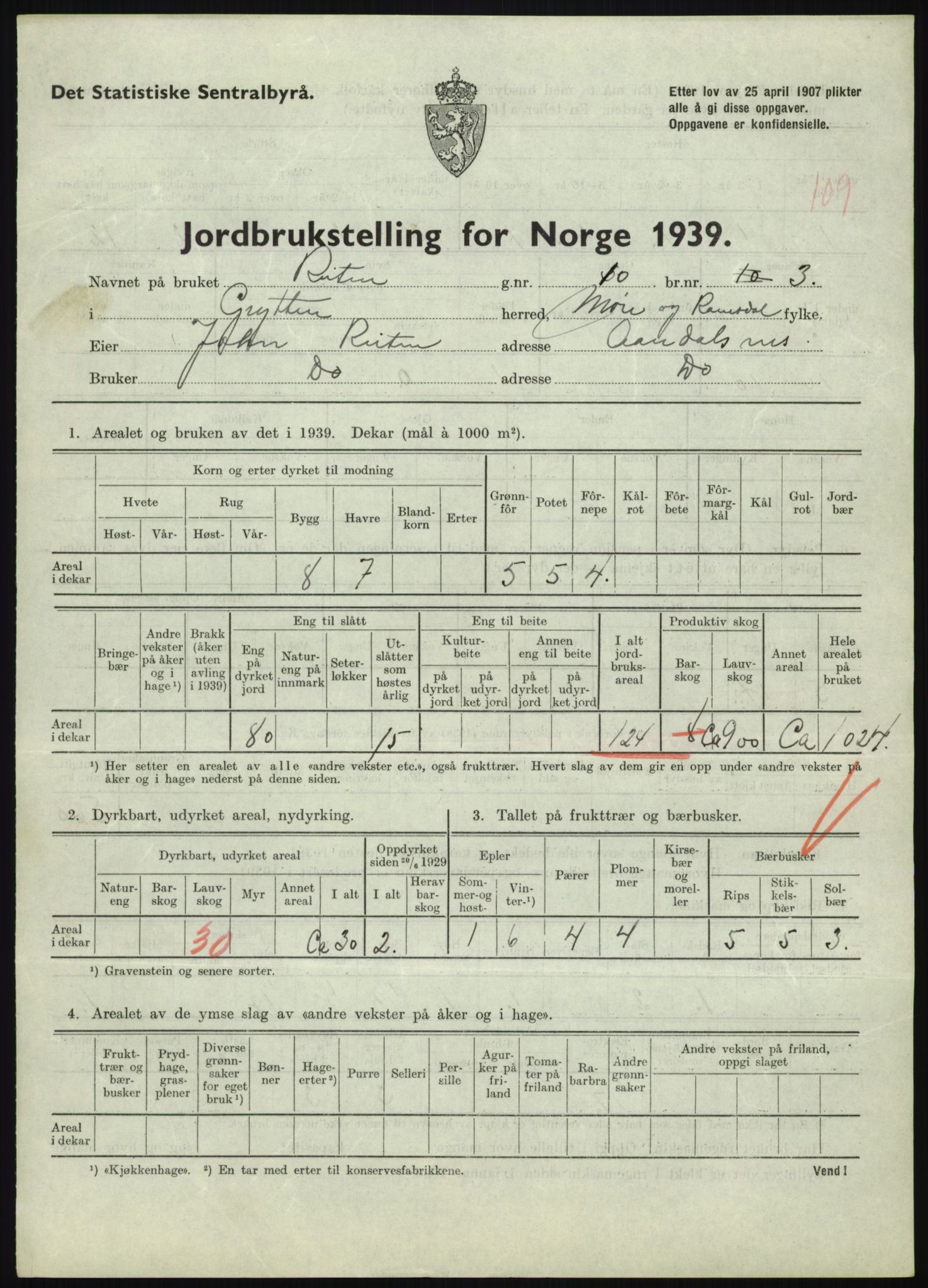 Statistisk sentralbyrå, Næringsøkonomiske emner, Jordbruk, skogbruk, jakt, fiske og fangst, AV/RA-S-2234/G/Gb/L0251: Møre og Romsdal: Voll, Eid, Grytten og Hen, 1939, p. 875