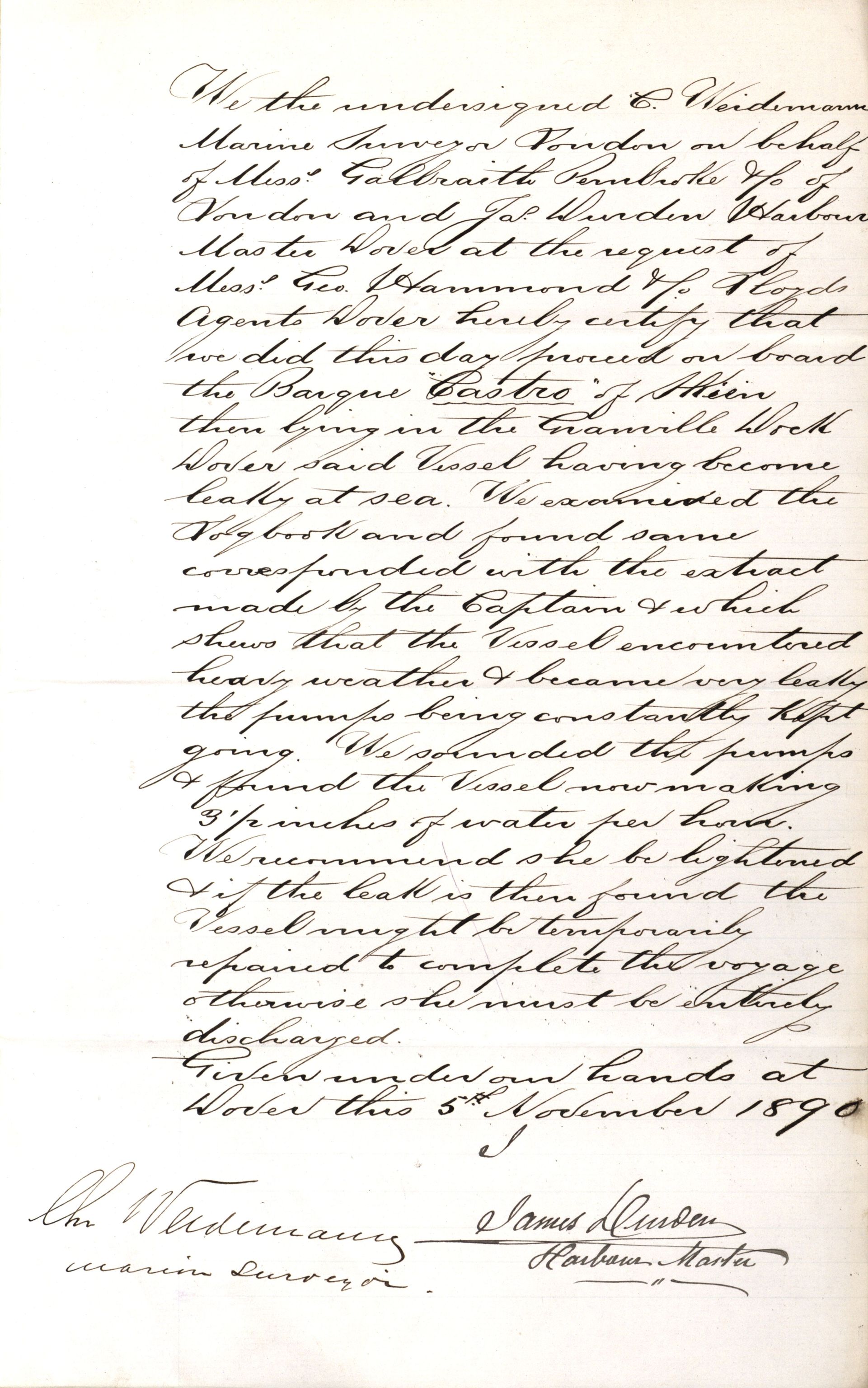 Pa 63 - Østlandske skibsassuranceforening, VEMU/A-1079/G/Ga/L0025/0003: Havaridokumenter / Josephine, Carl, Johanna, Castro, Comorin, Corona, 1890, p. 57