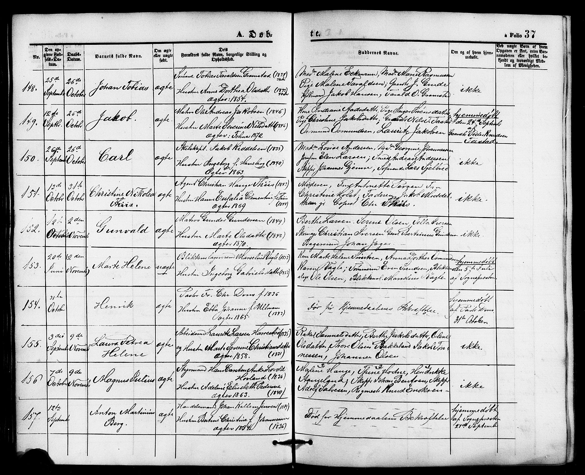 Domkirken sokneprestkontor, AV/SAST-A-101812/001/30/30BB/L0013: Parish register (copy) no. B 13, 1871-1880, p. 37
