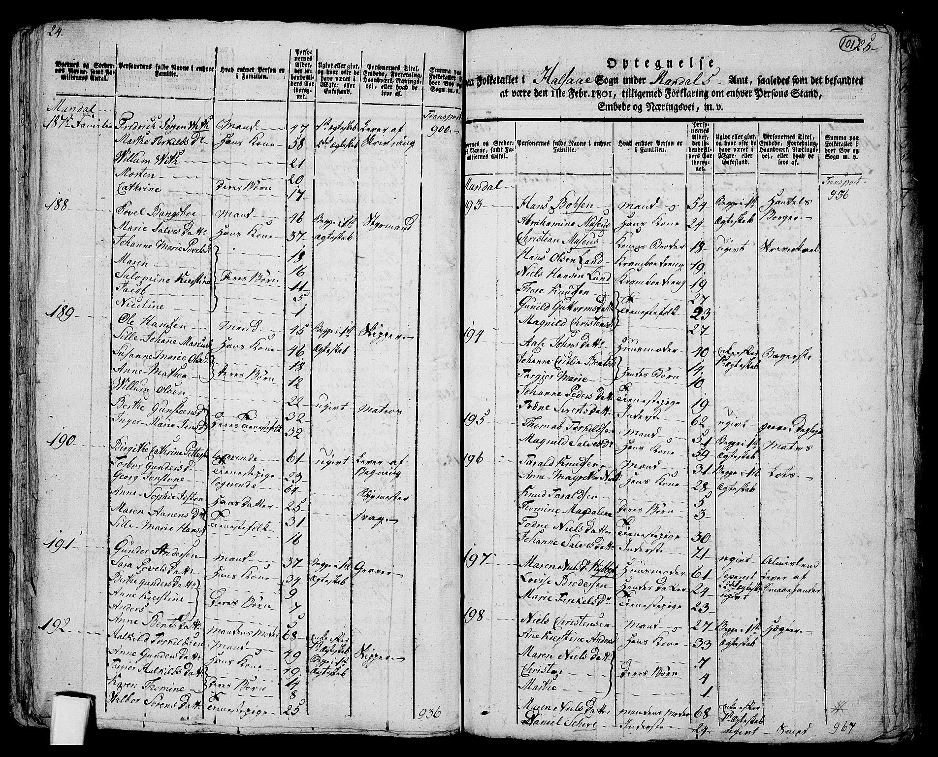 RA, 1801 census for 1019P Mandal, 1801, p. 100b-101a