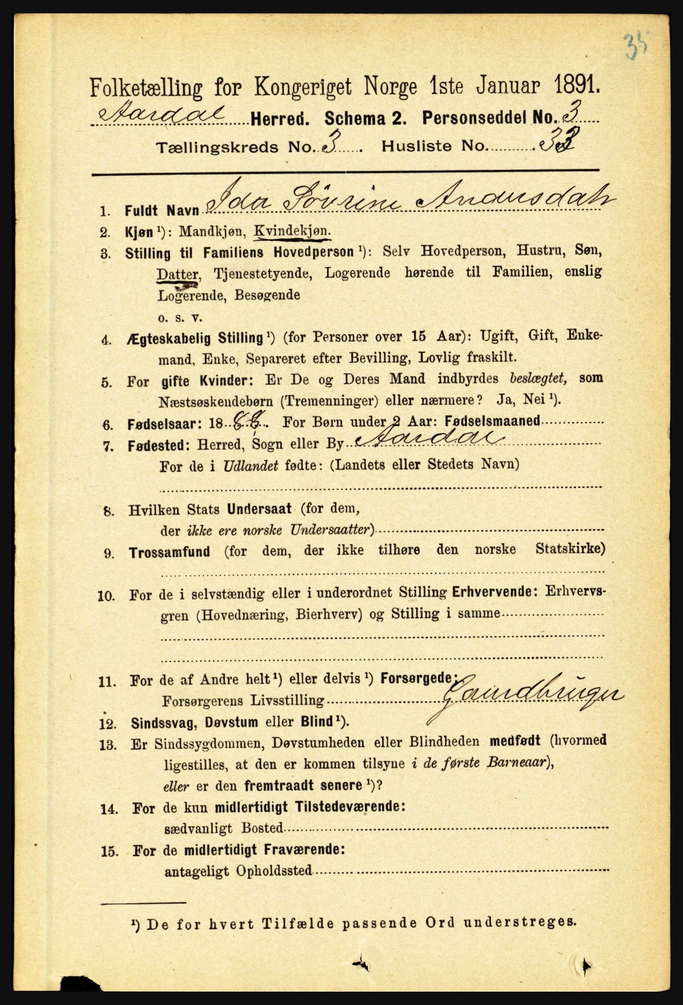 RA, 1891 census for 1424 Årdal, 1891, p. 581