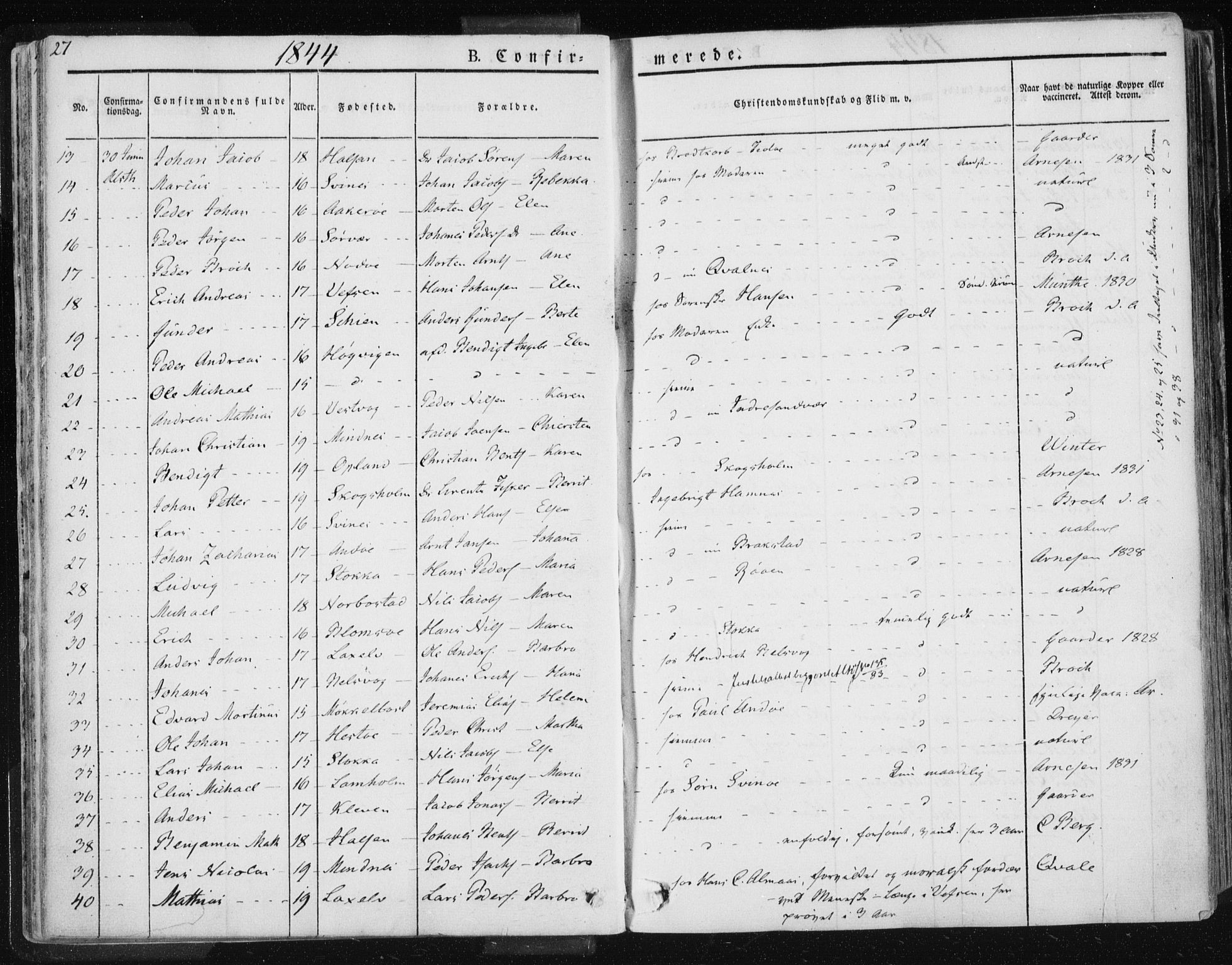 Ministerialprotokoller, klokkerbøker og fødselsregistre - Nordland, SAT/A-1459/830/L0447: Parish register (official) no. 830A11, 1831-1854, p. 27