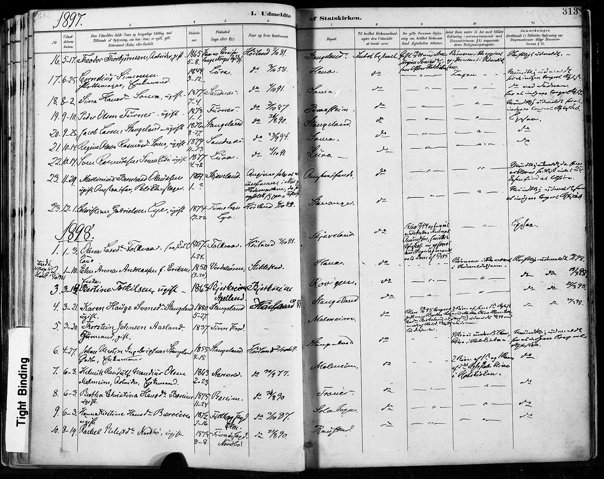 Høyland sokneprestkontor, SAST/A-101799/001/30BA/L0013: Parish register (official) no. A 13.2, 1889-1898, p. 313