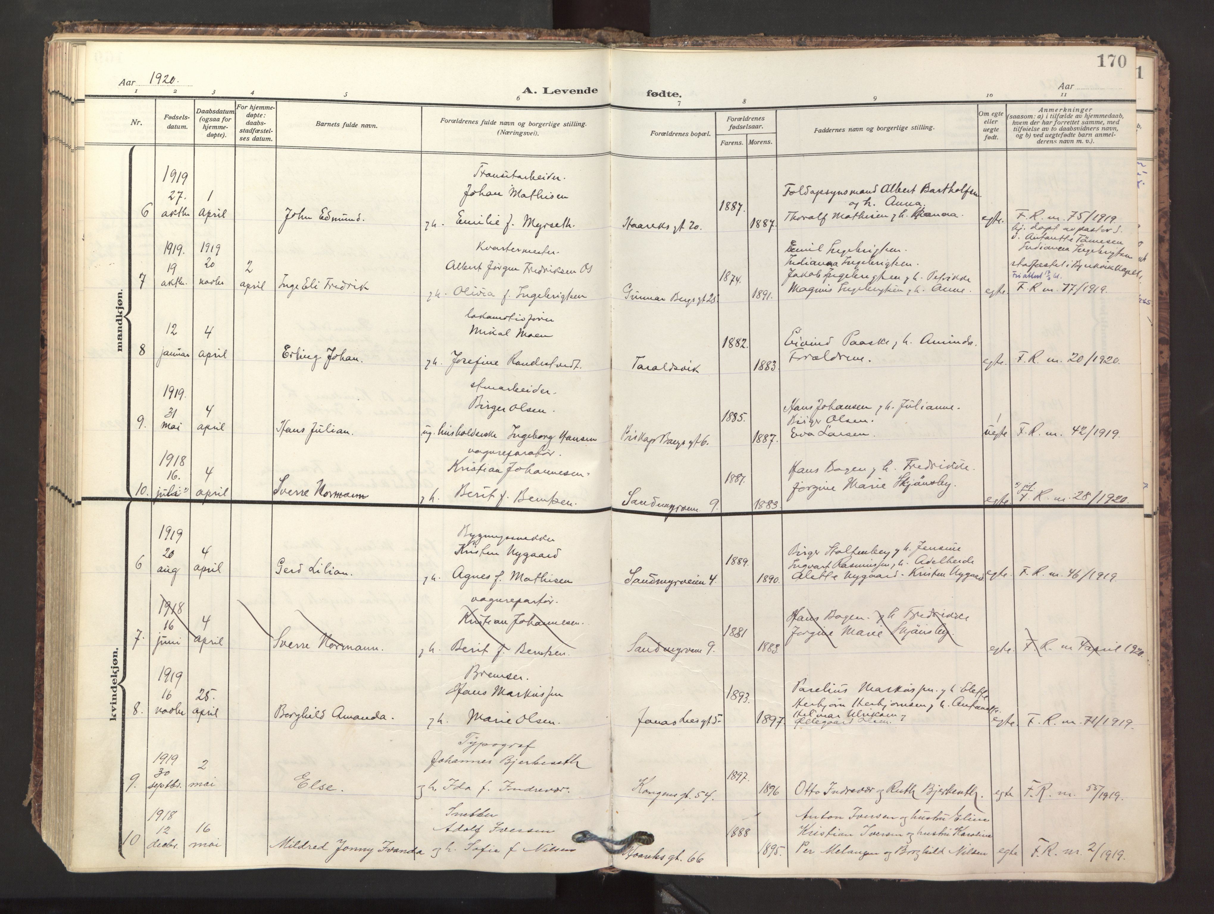 Ministerialprotokoller, klokkerbøker og fødselsregistre - Nordland, AV/SAT-A-1459/871/L1001: Parish register (official) no. 871A17, 1911-1921, p. 170