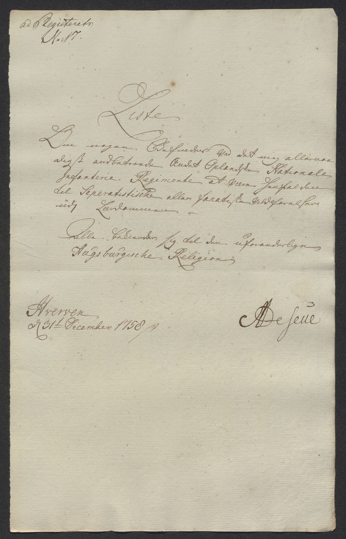 Kommanderende general (KG I) med Det norske krigsdirektorium, AV/RA-EA-5419/D/L0398: 2. Opplandske nasjonale infanteriregiment: Lister, 1745-1767, p. 517