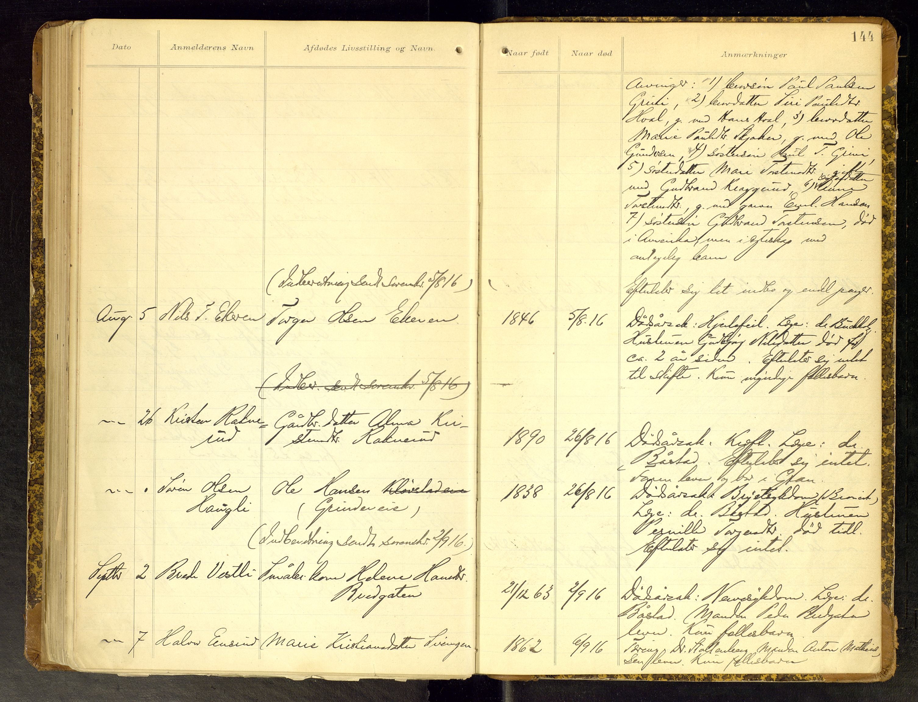 Gran lensmannskontor, AV/SAH-LOG-010/H/Ha/L0002: Dødsfallsprotokoll, 1899-1917, p. 144