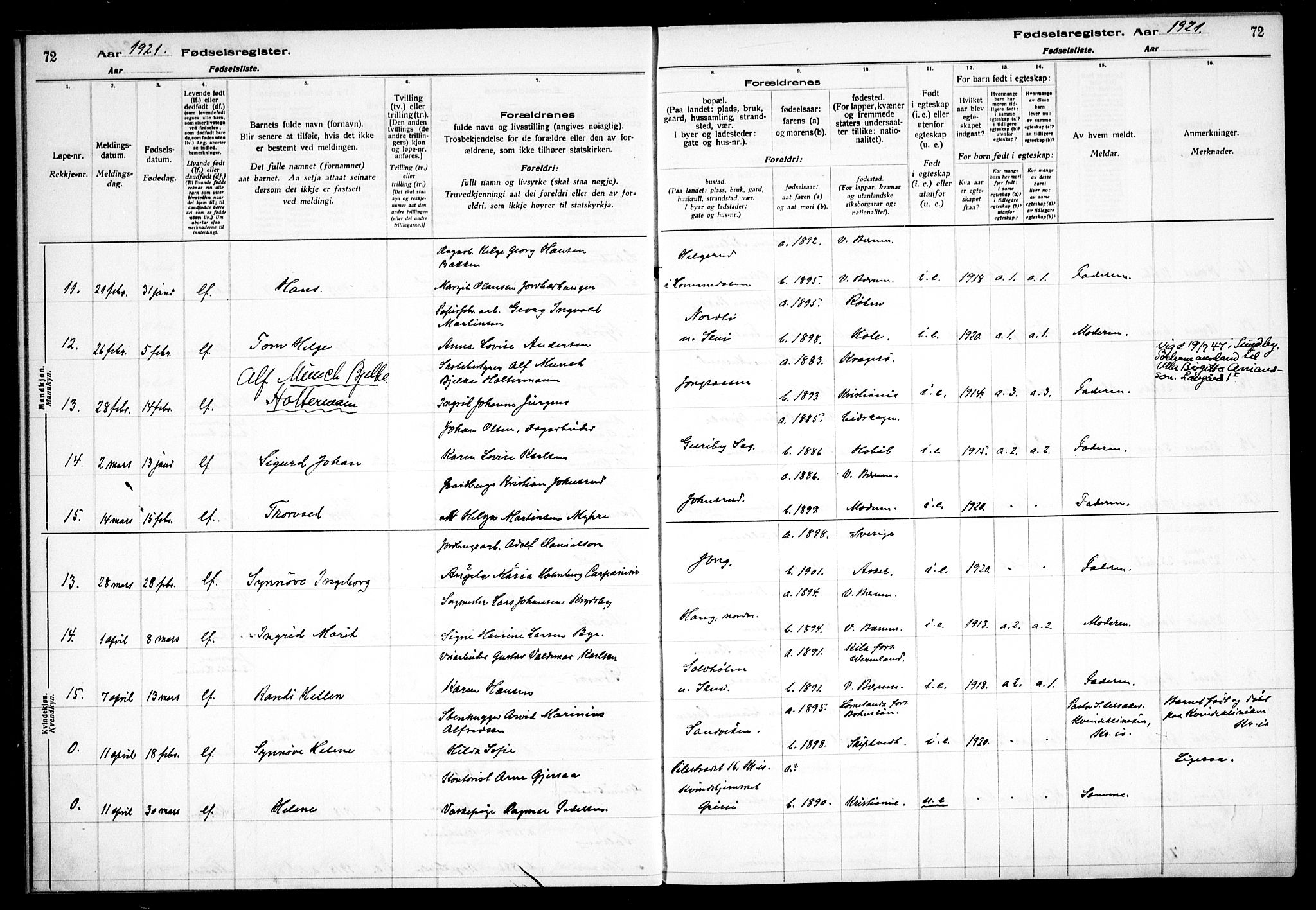 Vestre Bærum prestekontor Kirkebøker, AV/SAO-A-10209a/J/L0001: Birth register no. 1, 1916-1926, p. 72
