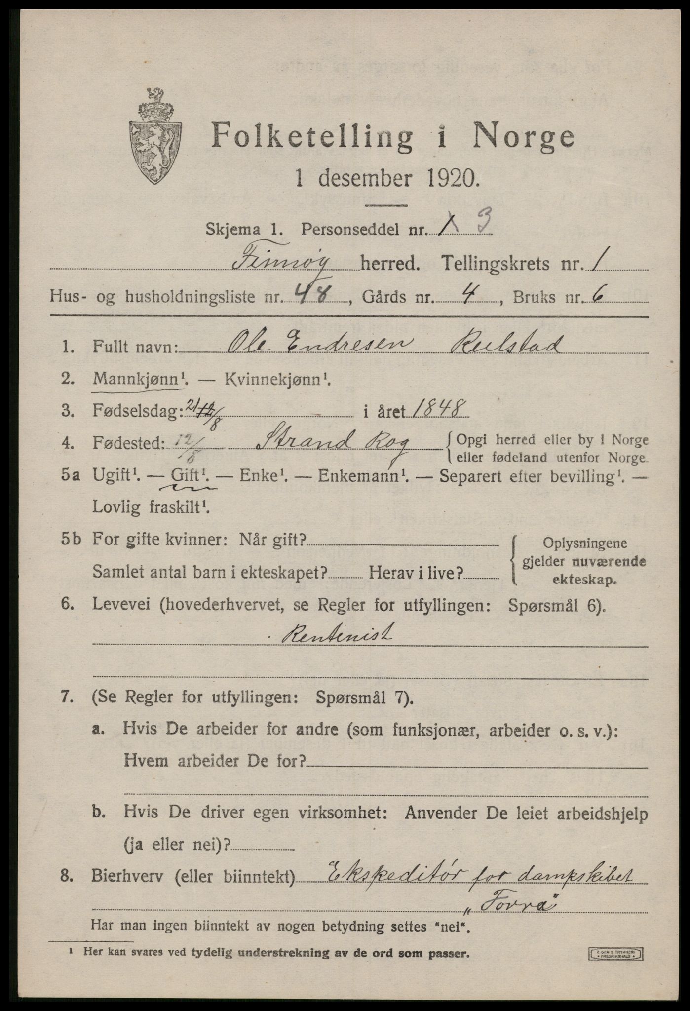 SAST, 1920 census for Finnøy, 1920, p. 1018