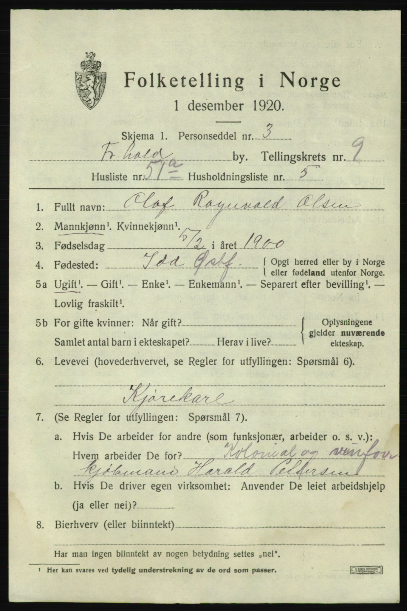 SAO, 1920 census for Fredrikshald, 1920, p. 17167