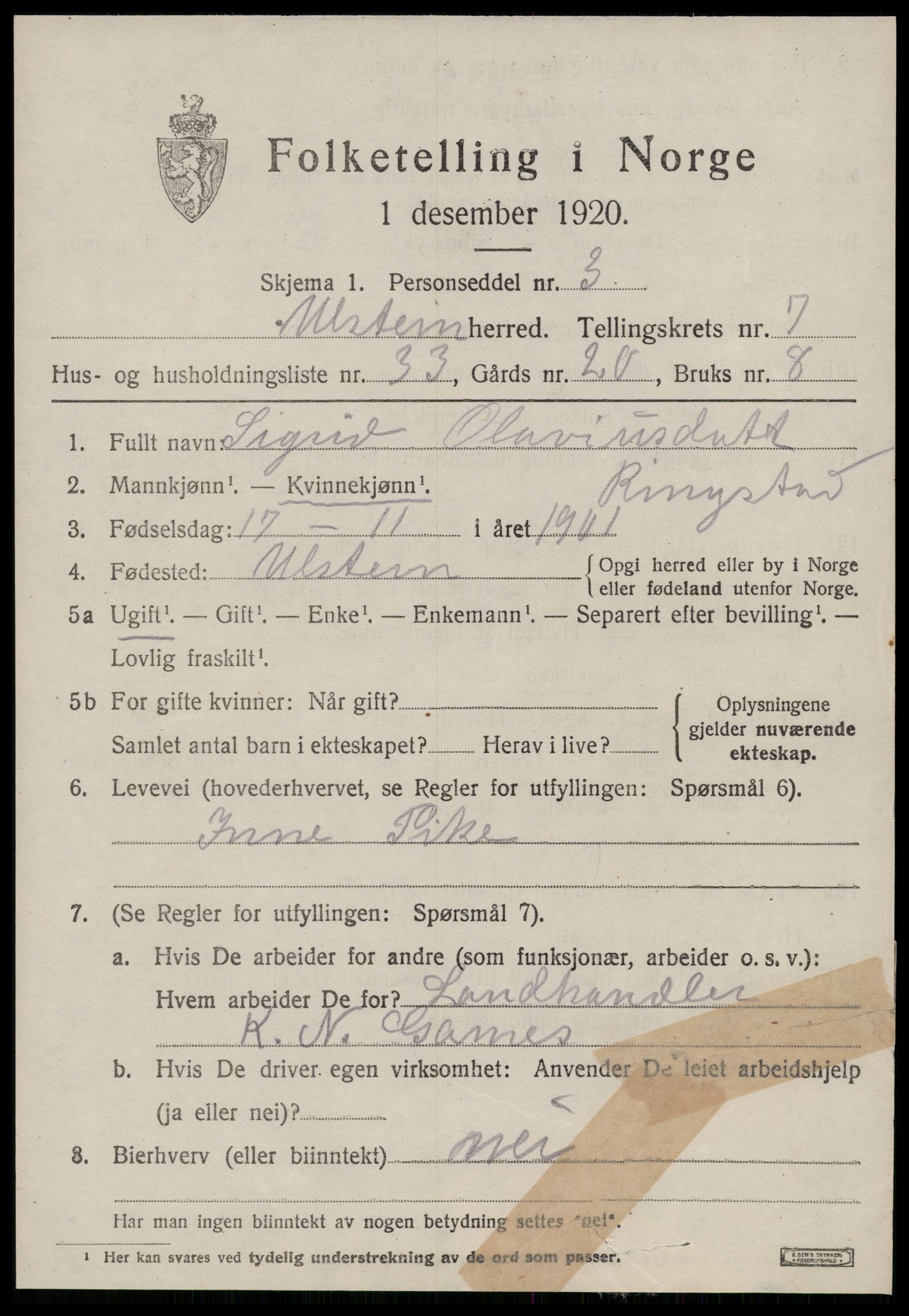 SAT, 1920 census for Ulstein, 1920, p. 4556