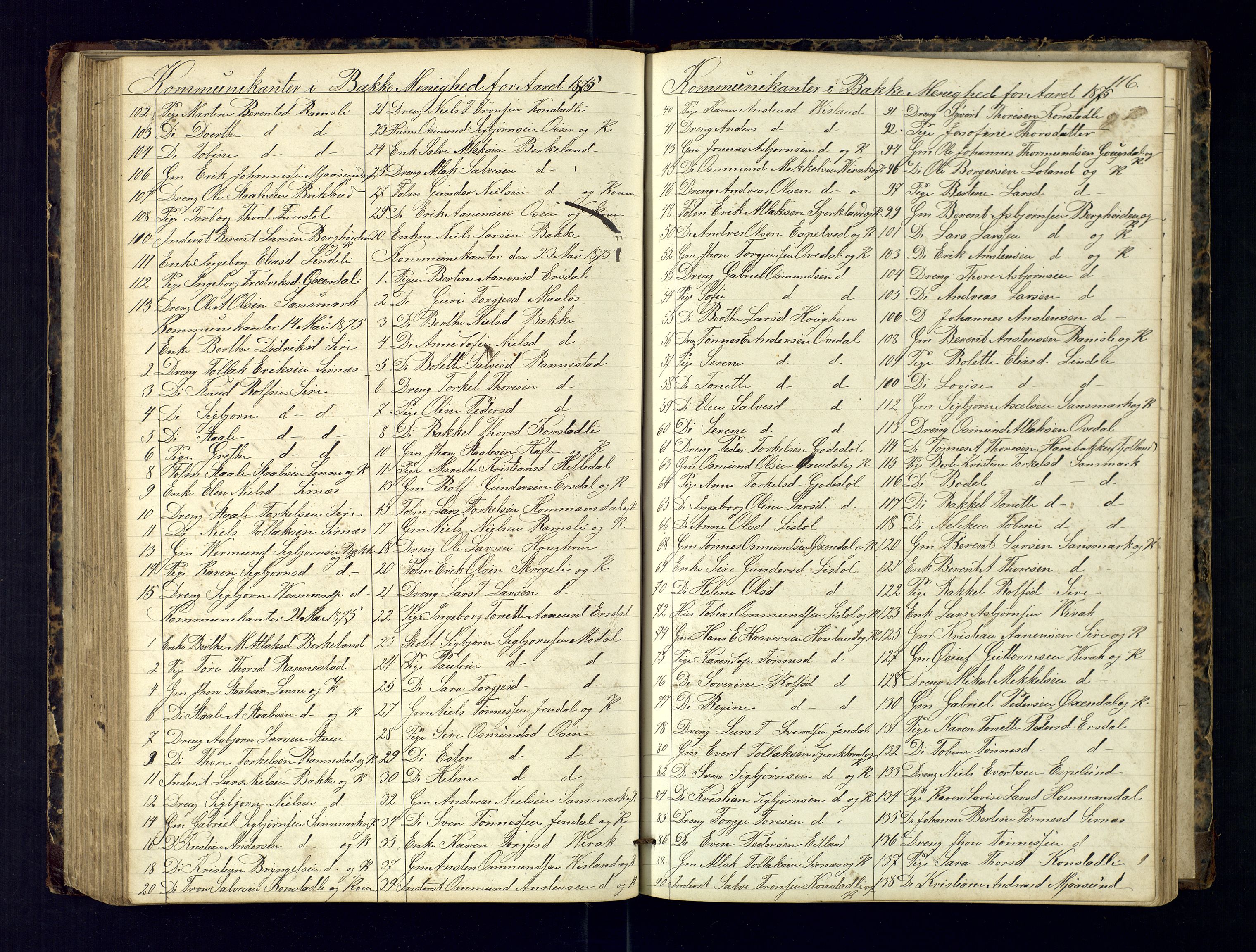 Bakke sokneprestkontor, AV/SAK-1111-0002/F/Fc/Fca/L0001: Communicants register no. C-1, 1862-1878, p. 116