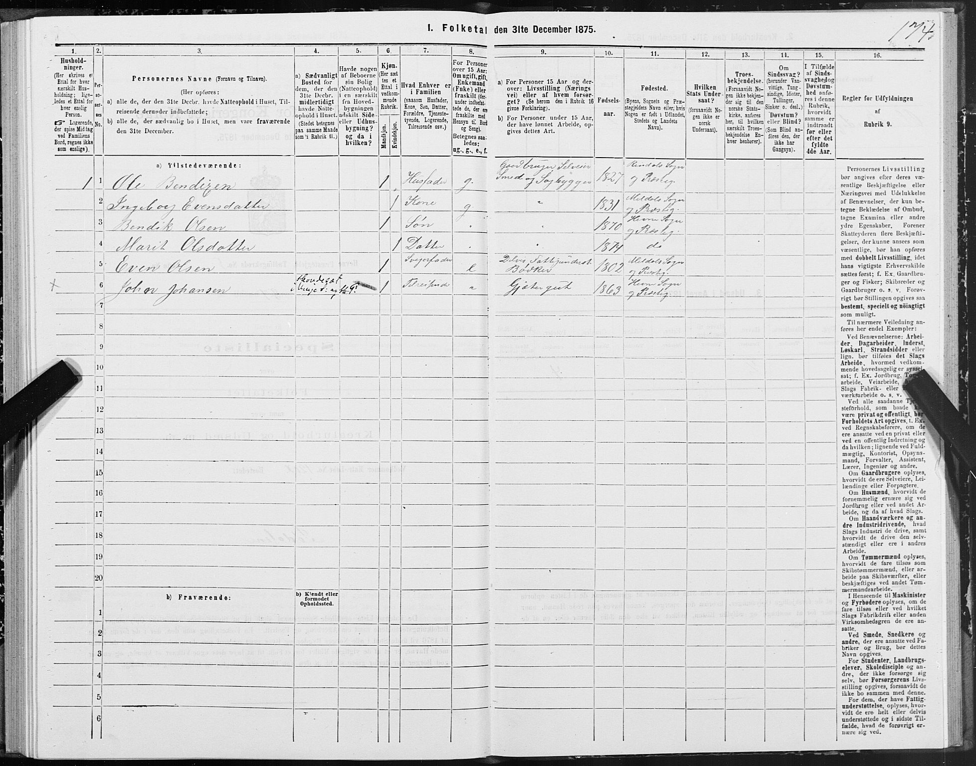 SAT, 1875 census for 1612P Hemne, 1875, p. 3174