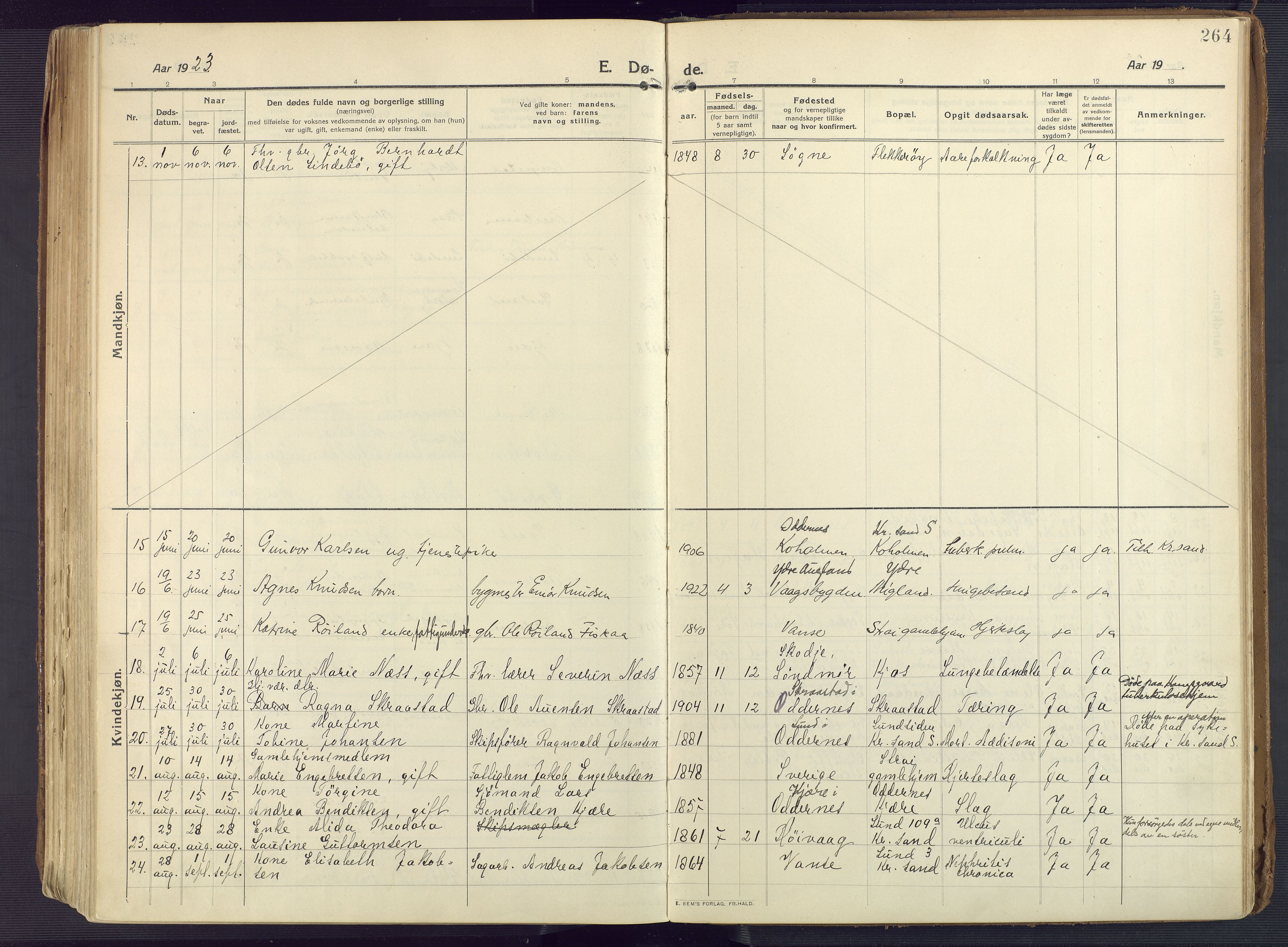 Oddernes sokneprestkontor, AV/SAK-1111-0033/F/Fa/Faa/L0012: Parish register (official) no. A 12, 1912-1925, p. 264