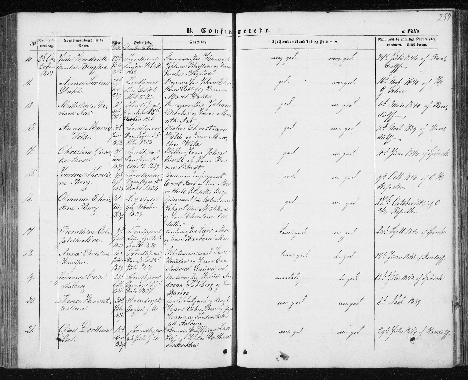 Ministerialprotokoller, klokkerbøker og fødselsregistre - Sør-Trøndelag, SAT/A-1456/602/L0112: Parish register (official) no. 602A10, 1848-1859, p. 254