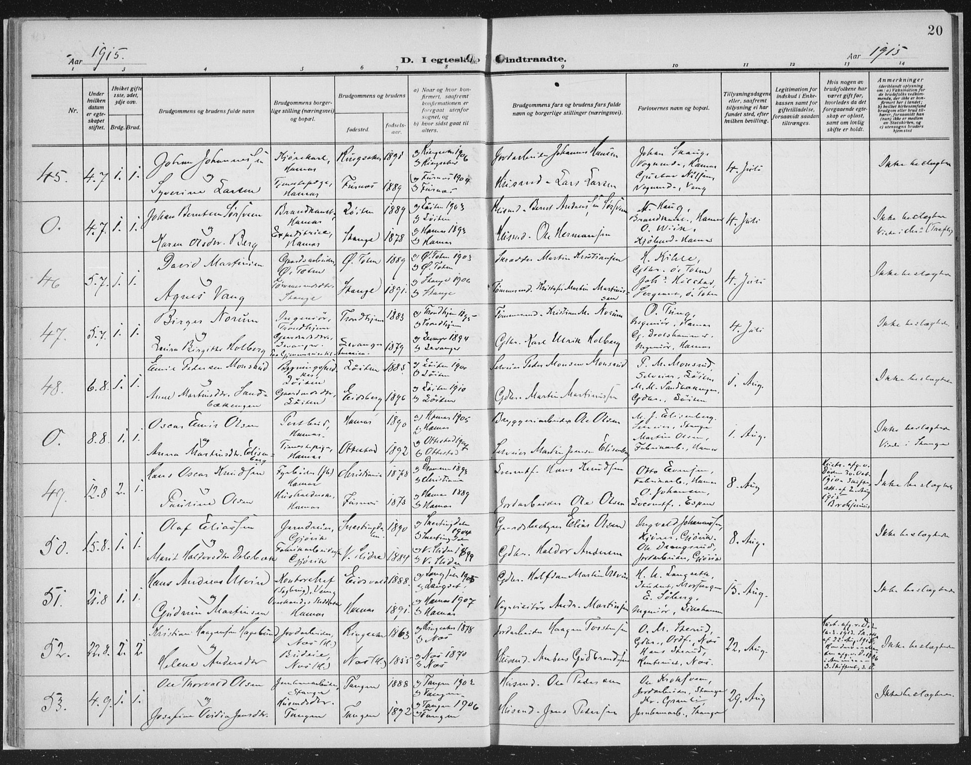 Hamar prestekontor, AV/SAH-DOMPH-002/H/Ha/Haa/L0003: Parish register (official) no. 3, 1913-1930, p. 20