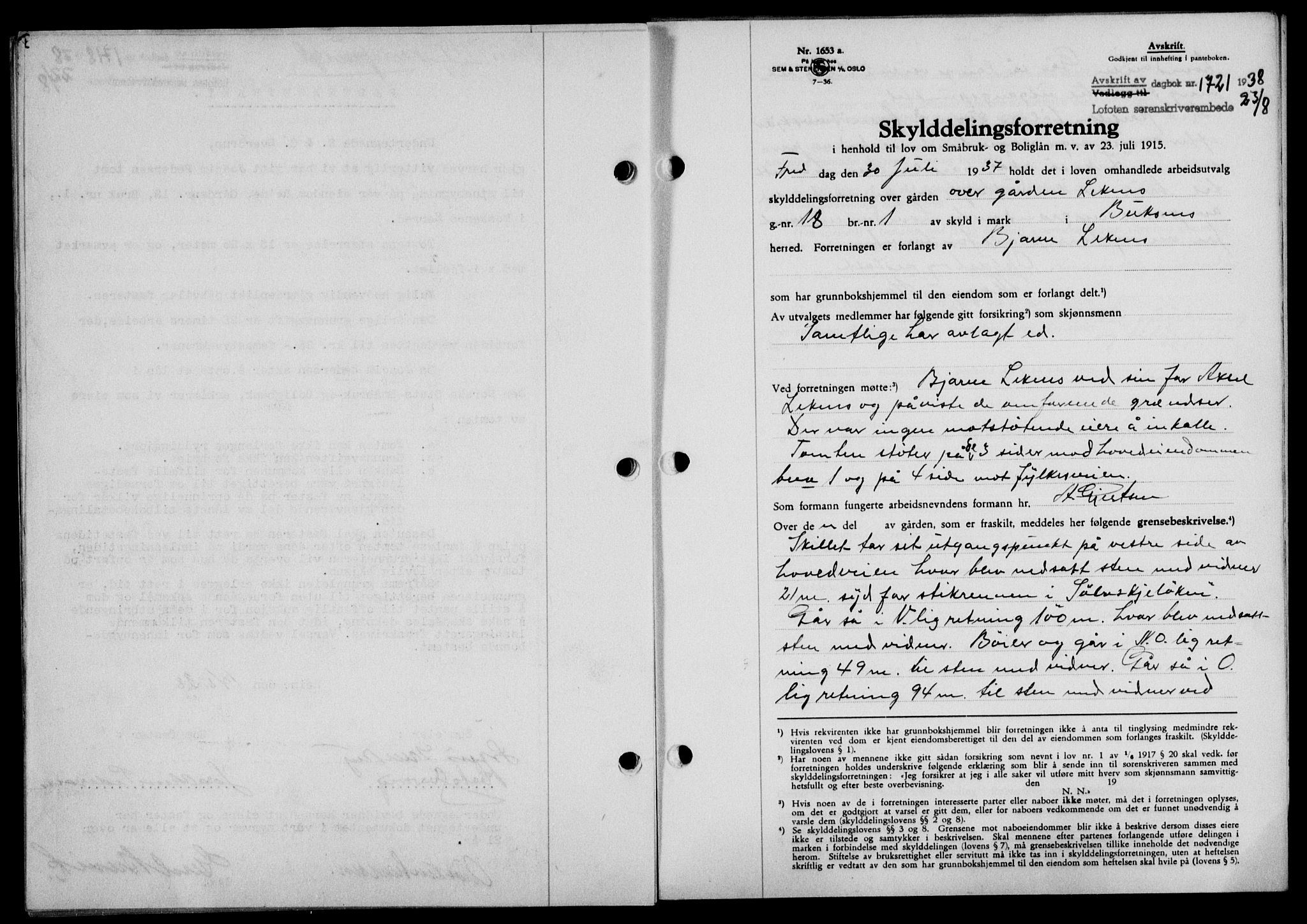 Lofoten sorenskriveri, SAT/A-0017/1/2/2C/L0004a: Mortgage book no. 4a, 1938-1938, Diary no: : 1721/1938
