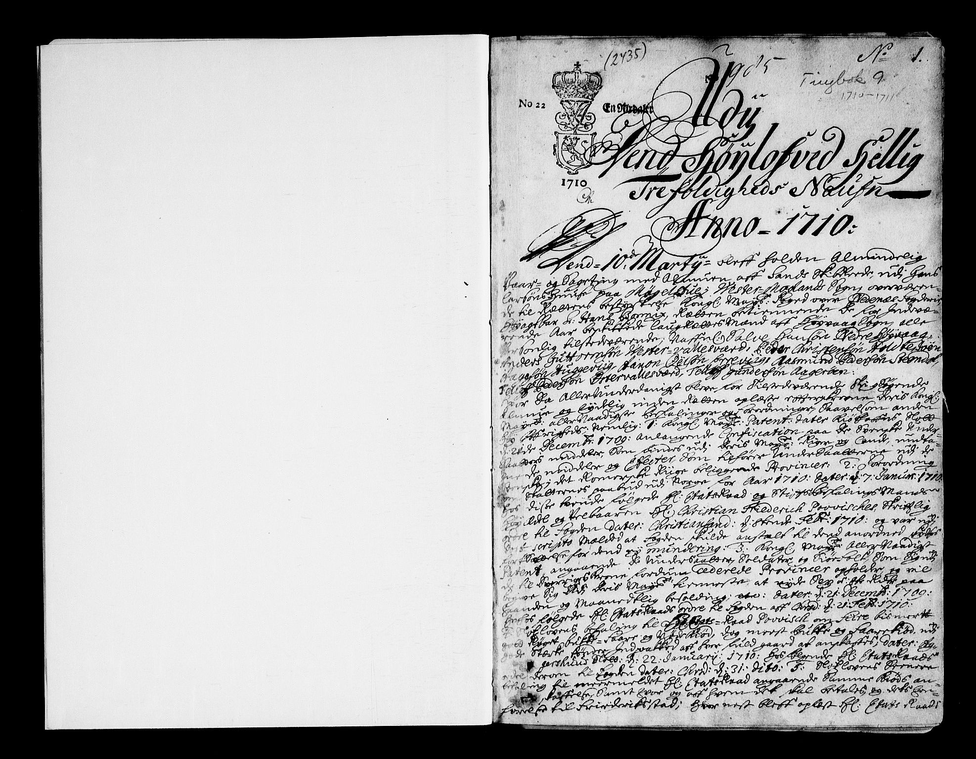 Nedenes sorenskriveri før 1824, AV/SAK-1221-0007/F/Fa/L0014: Tingbok med register nr 9, 1710-1711, p. 0b-1a