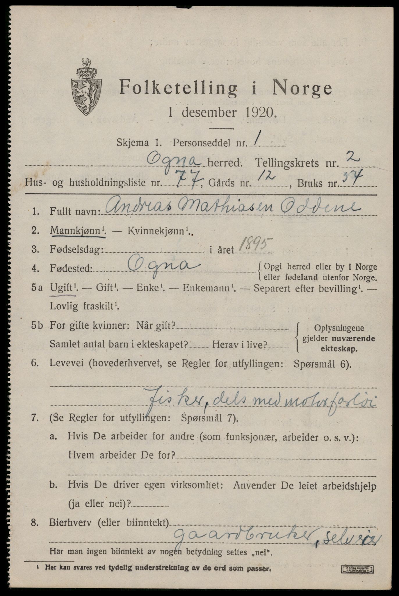 SAST, 1920 census for Ogna, 1920, p. 1739