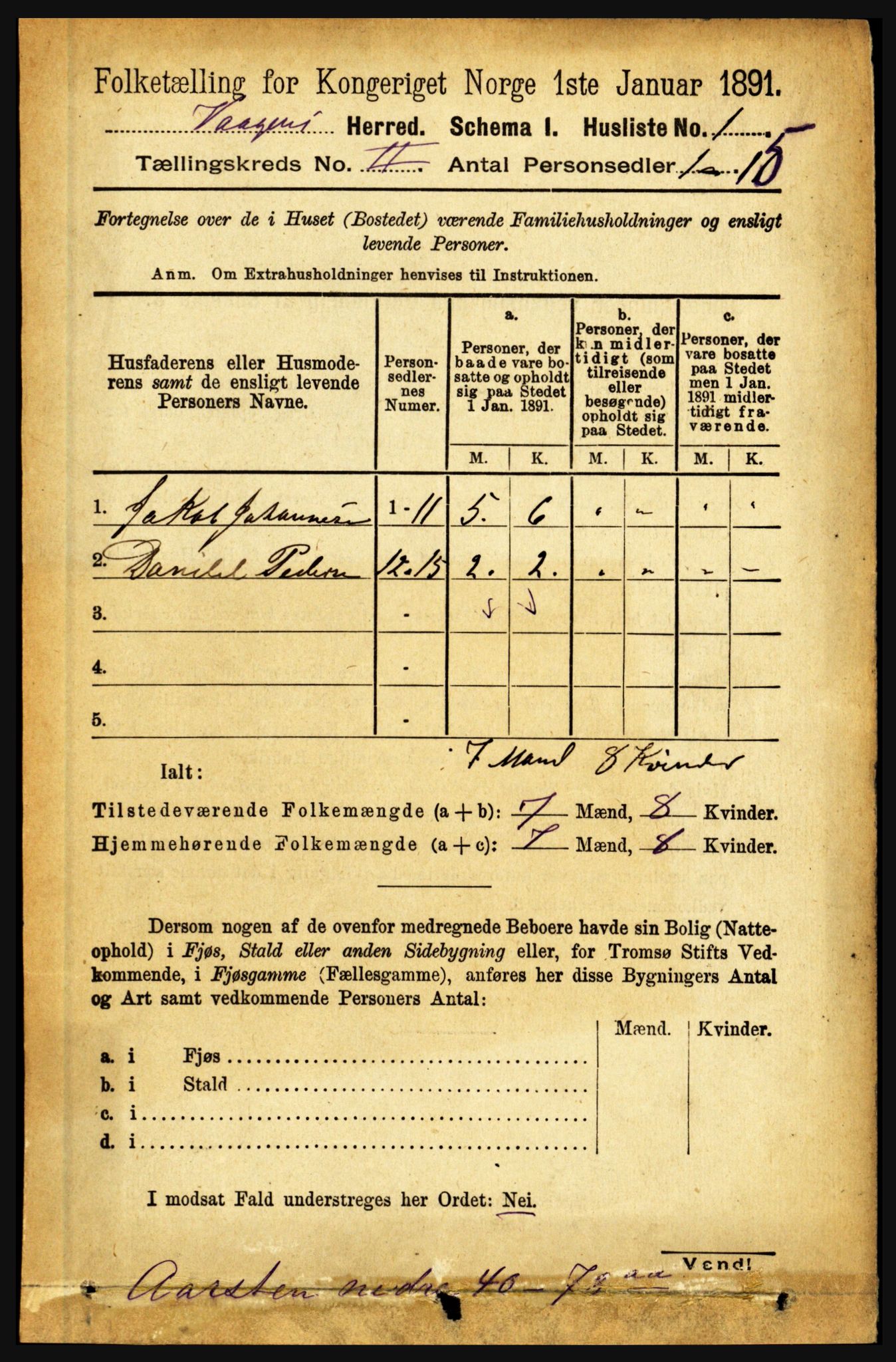 RA, 1891 census for 1865 Vågan, 1891, p. 379