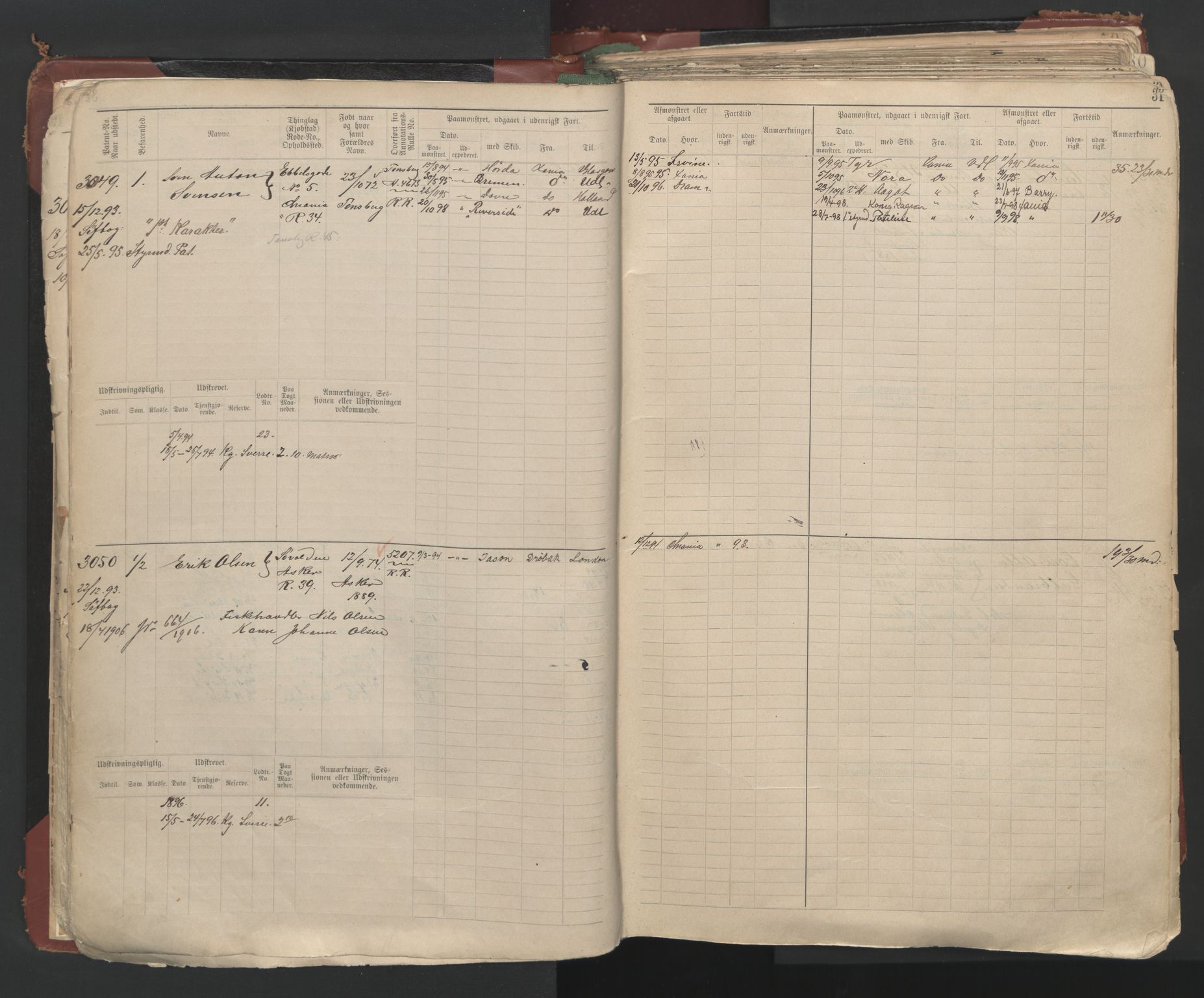 Oslo sjømannskontor, AV/SAO-A-10595/F/Fc/L0003: Hovedrulle, 1893, p. 30b-31a