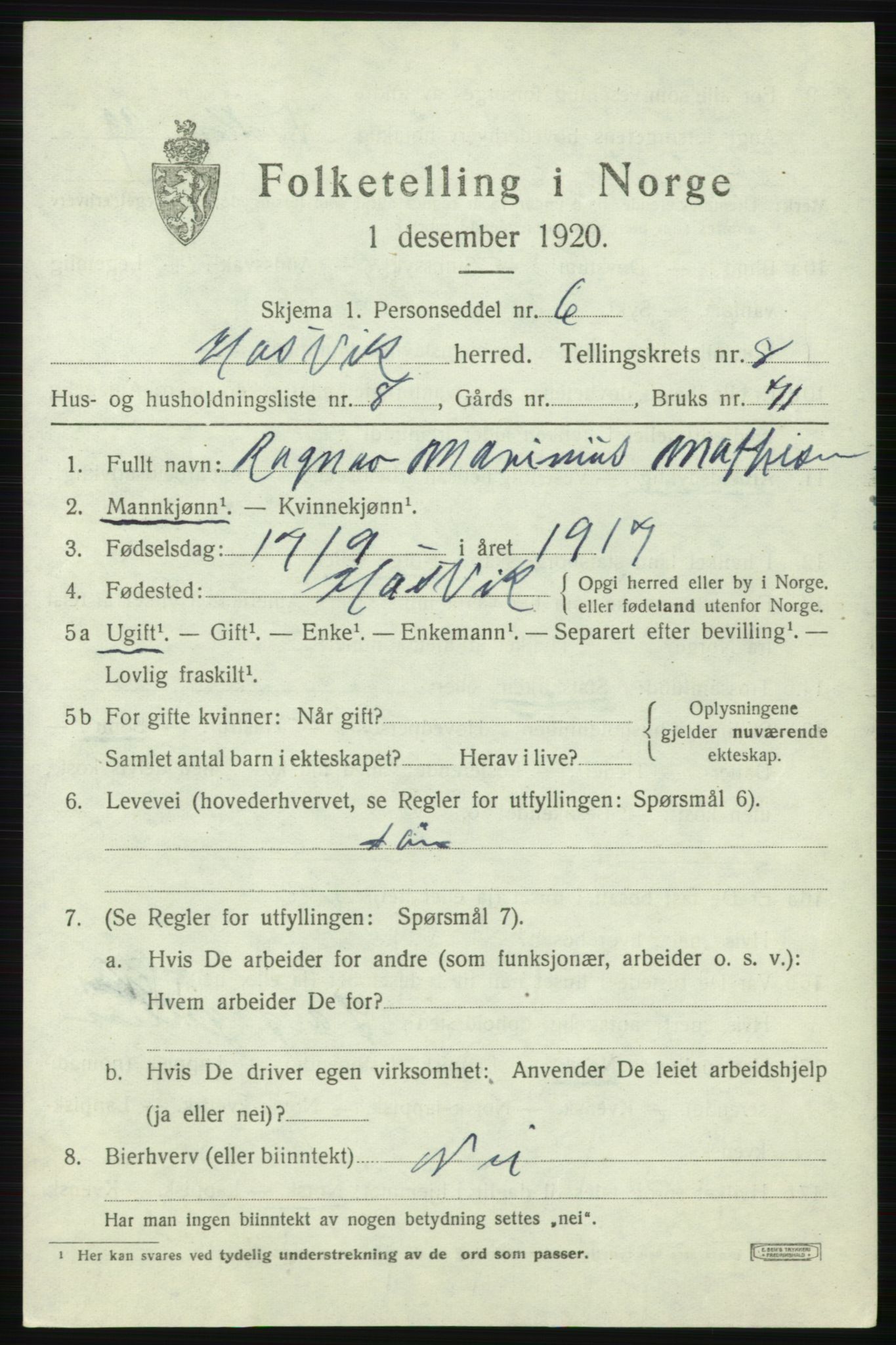 SATØ, 1920 census for Hasvik, 1920, p. 3139