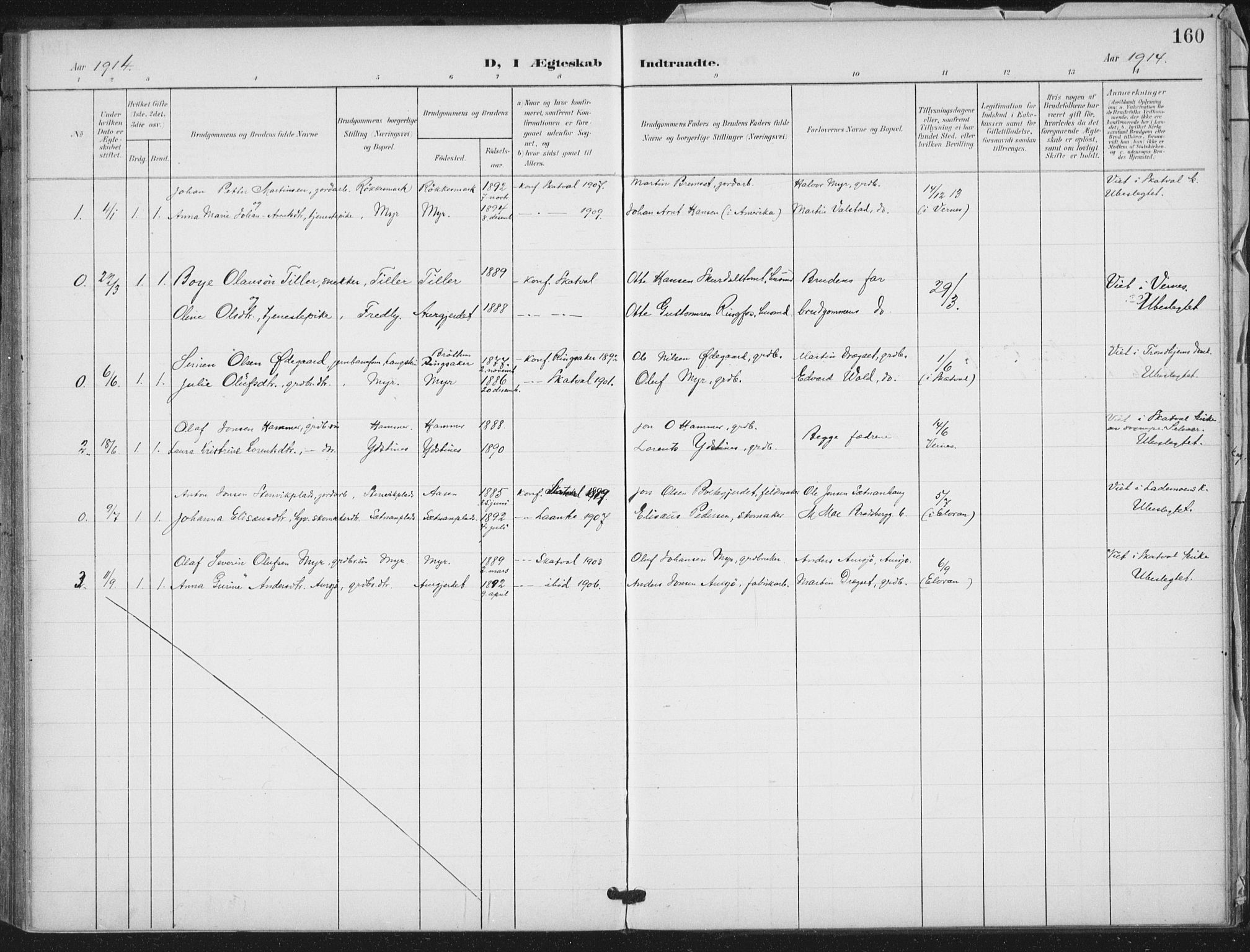 Ministerialprotokoller, klokkerbøker og fødselsregistre - Nord-Trøndelag, SAT/A-1458/712/L0101: Parish register (official) no. 712A02, 1901-1916, p. 160
