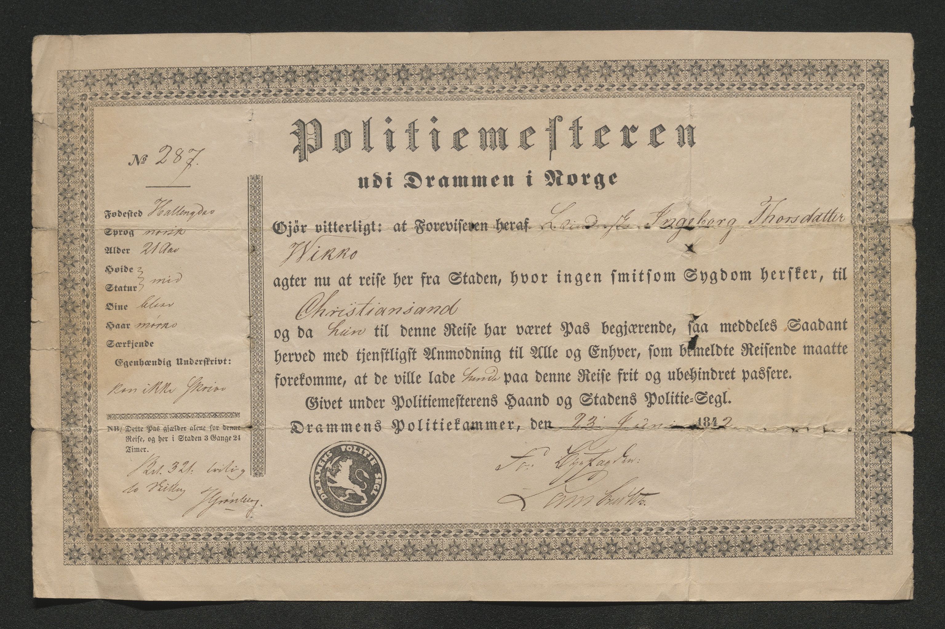 Drammen politikammer, AV/SAKO-A-623/I/Ia/Iab/L0007: Innleverte pass, 1843-1844, p. 190