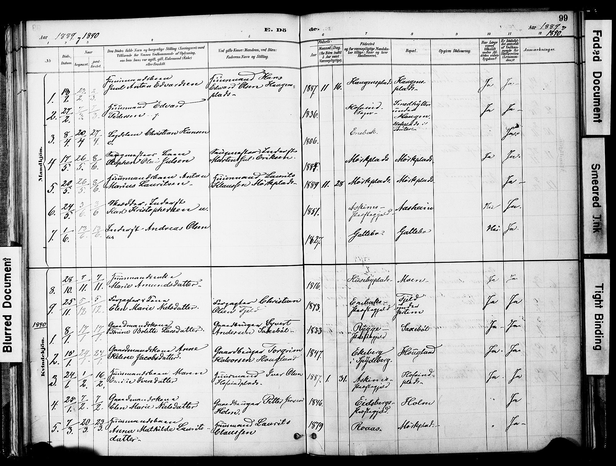 Spydeberg prestekontor Kirkebøker, SAO/A-10924/F/Fb/L0001: Parish register (official) no. II 1, 1886-1907, p. 99