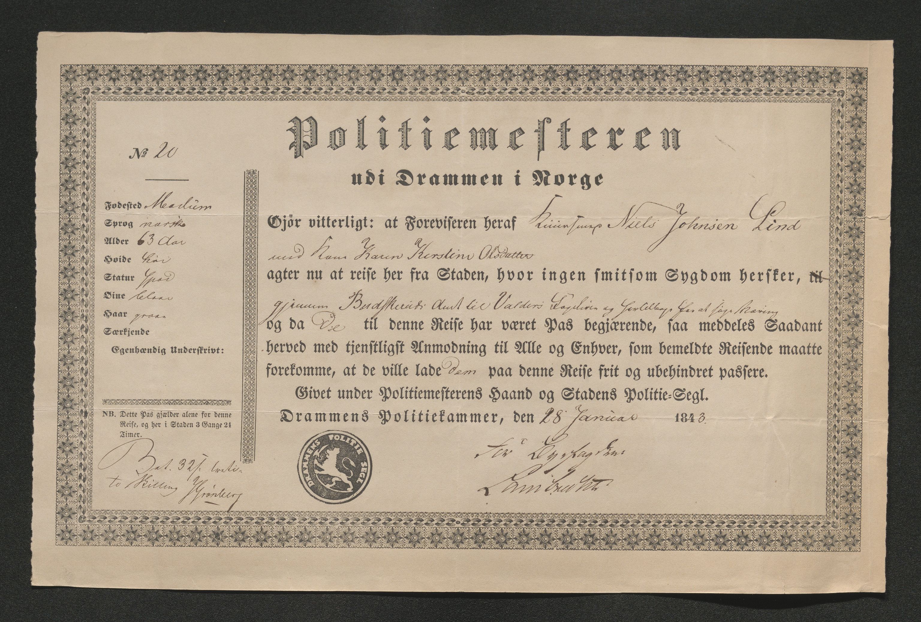 Drammen politikammer, SAKO/A-623/I/Ia/Iab/L0007: Innleverte pass, 1843-1844, p. 123