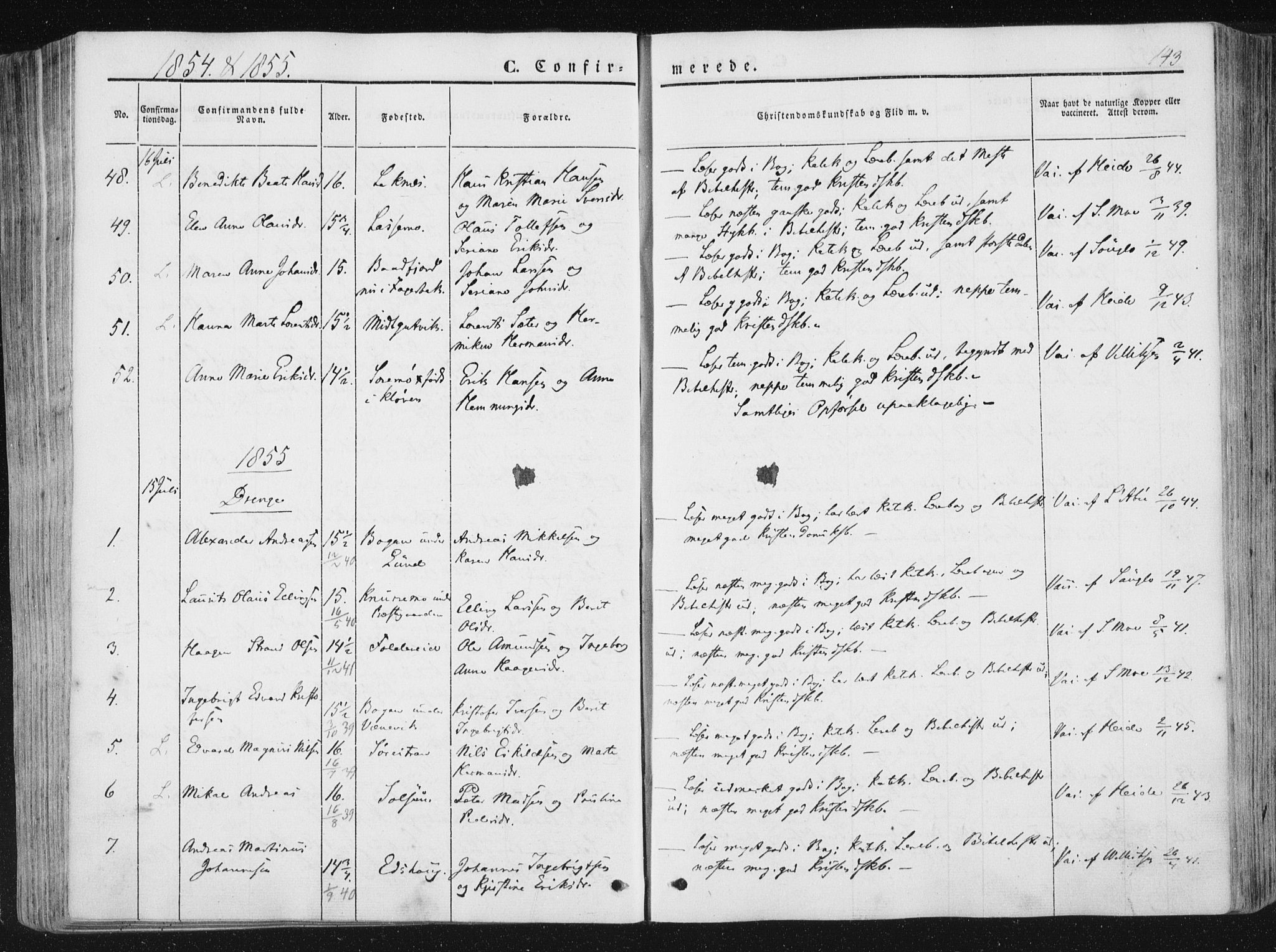 Ministerialprotokoller, klokkerbøker og fødselsregistre - Nord-Trøndelag, SAT/A-1458/780/L0640: Parish register (official) no. 780A05, 1845-1856, p. 143