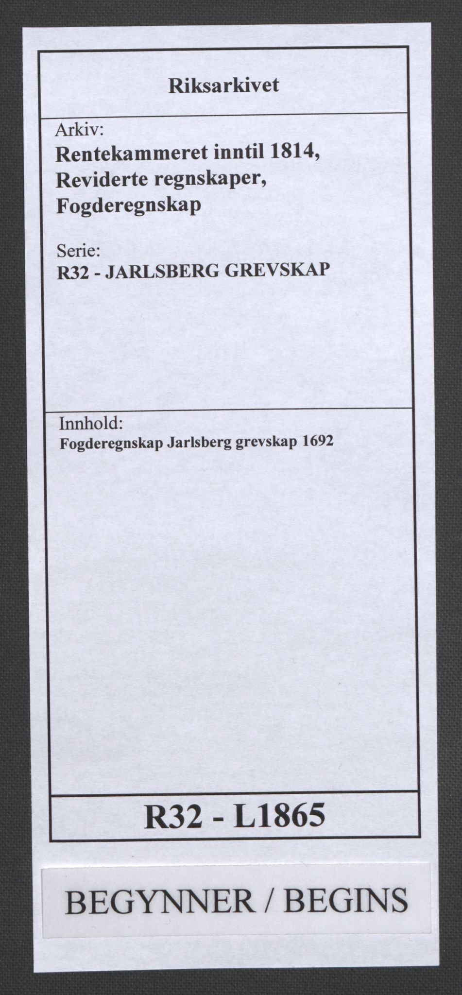 Rentekammeret inntil 1814, Reviderte regnskaper, Fogderegnskap, RA/EA-4092/R32/L1865: Fogderegnskap Jarlsberg grevskap, 1692, p. 1
