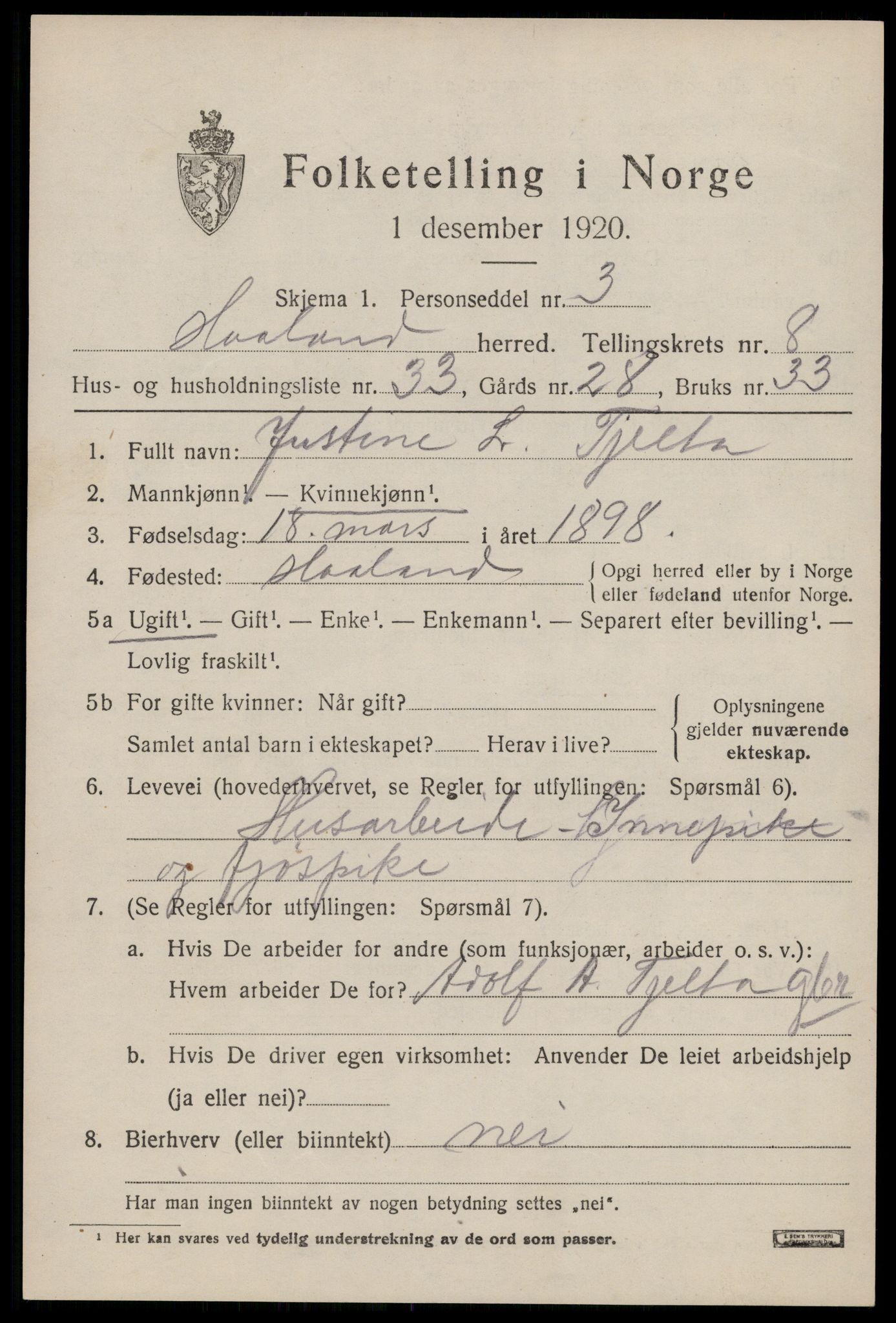 SAST, 1920 census for Håland, 1920, p. 6727