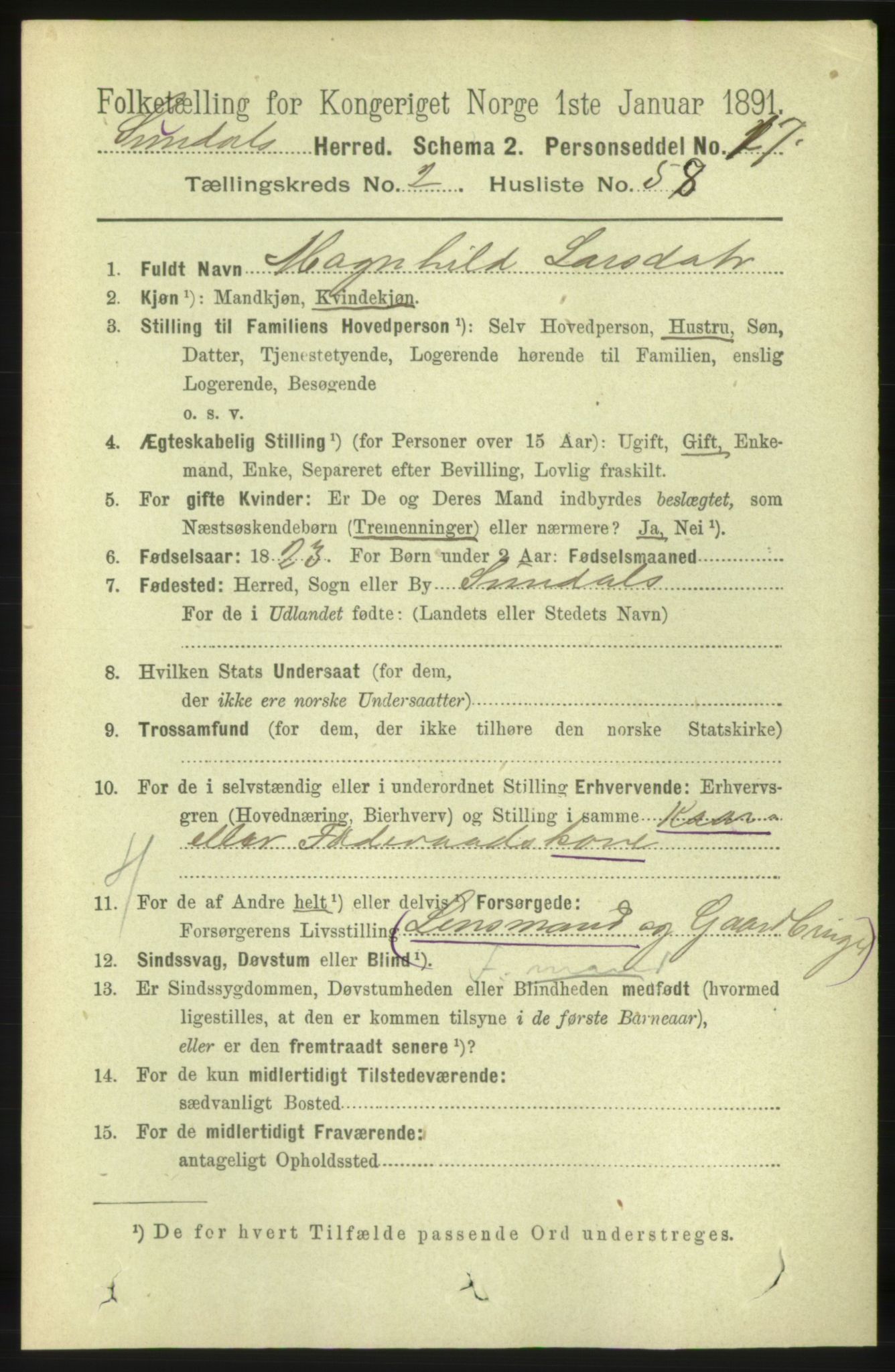 RA, 1891 census for 1563 Sunndal, 1891, p. 603