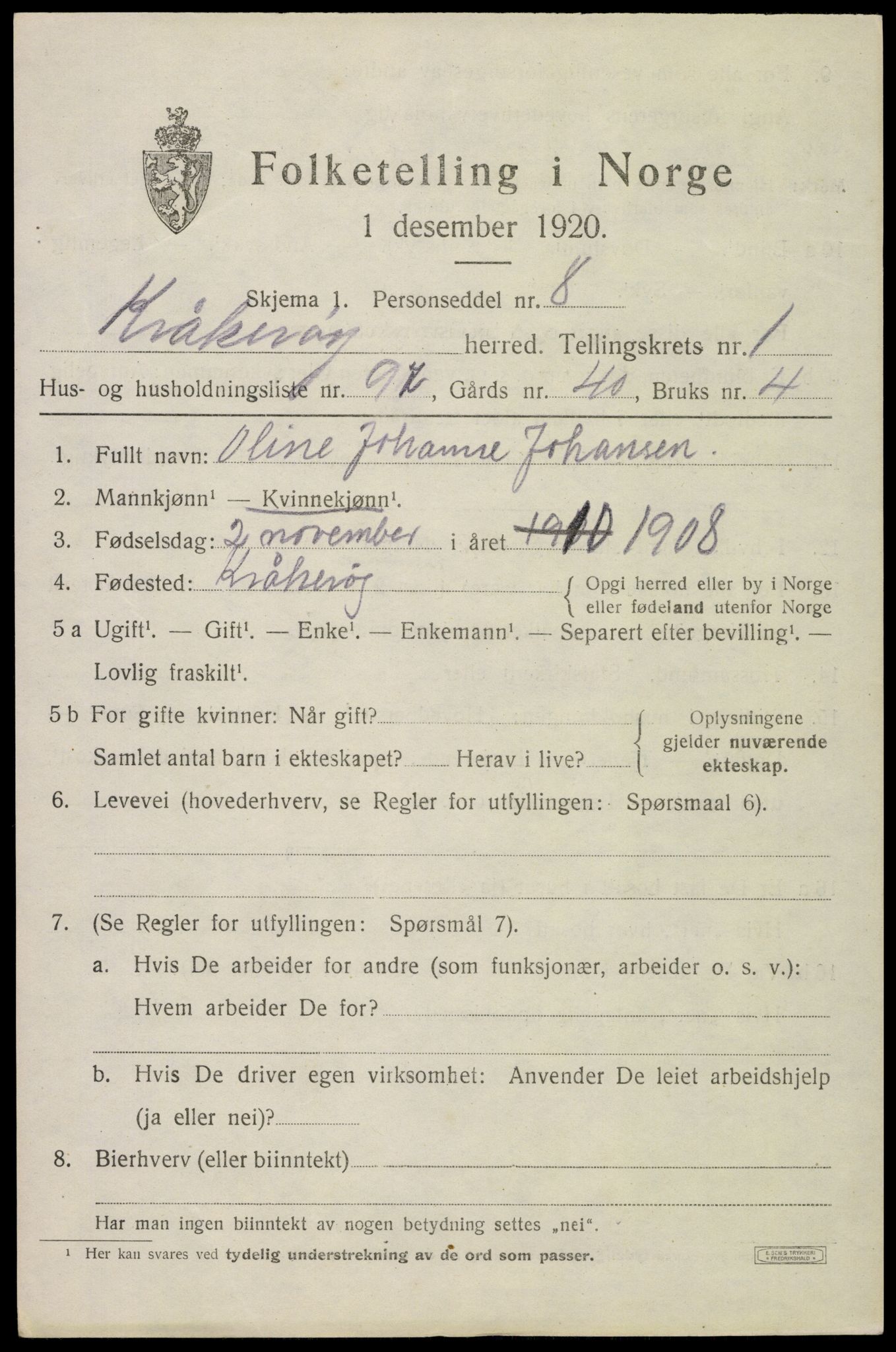 SAO, 1920 census for Kråkerøy, 1920, p. 2378